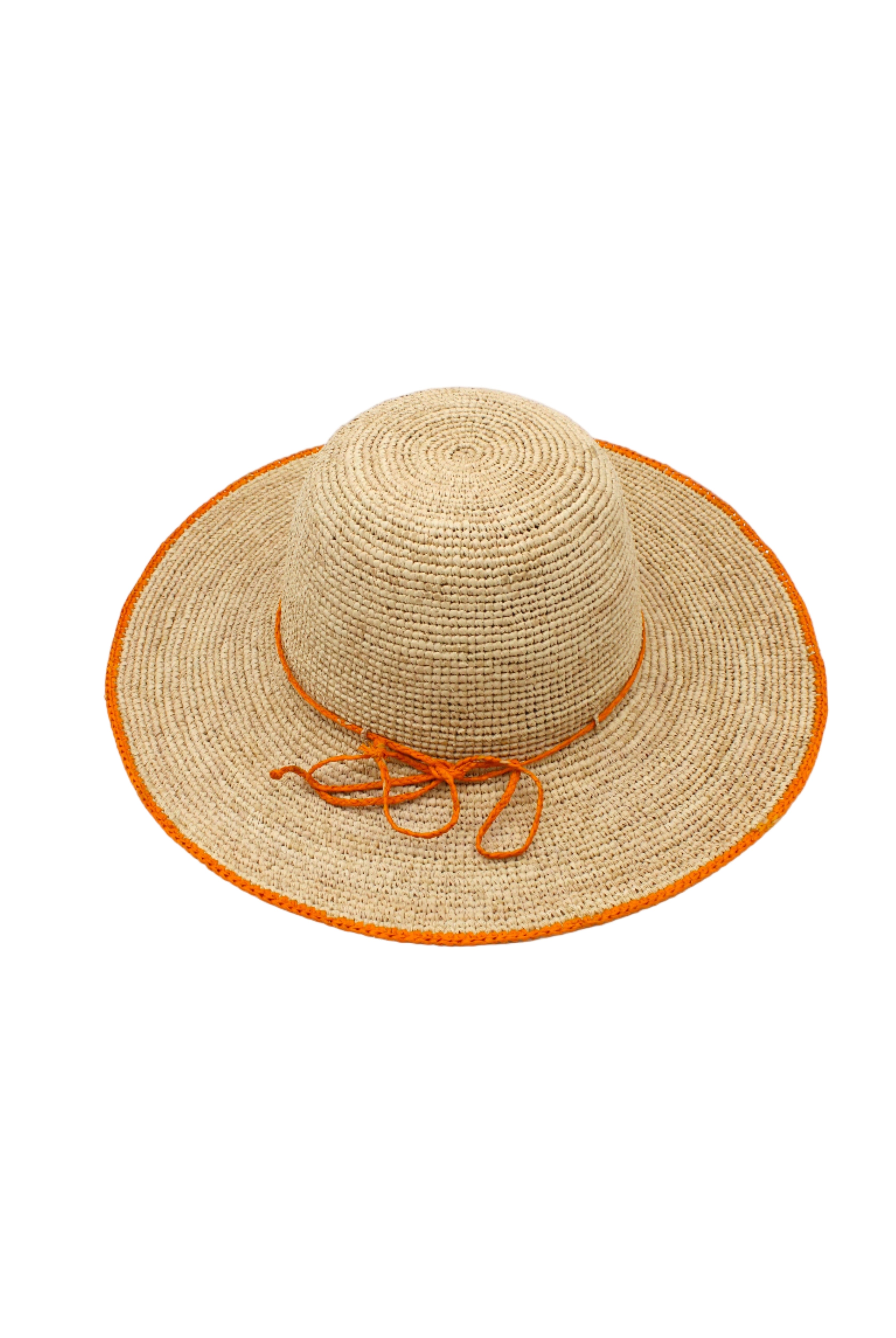 4 inch brim Rachel Crochet Saffron handmade straw sun hat saffron orange/yellow trim woven edge and matching adjustable hat band on natural straw colored raffia hat - Shebobo