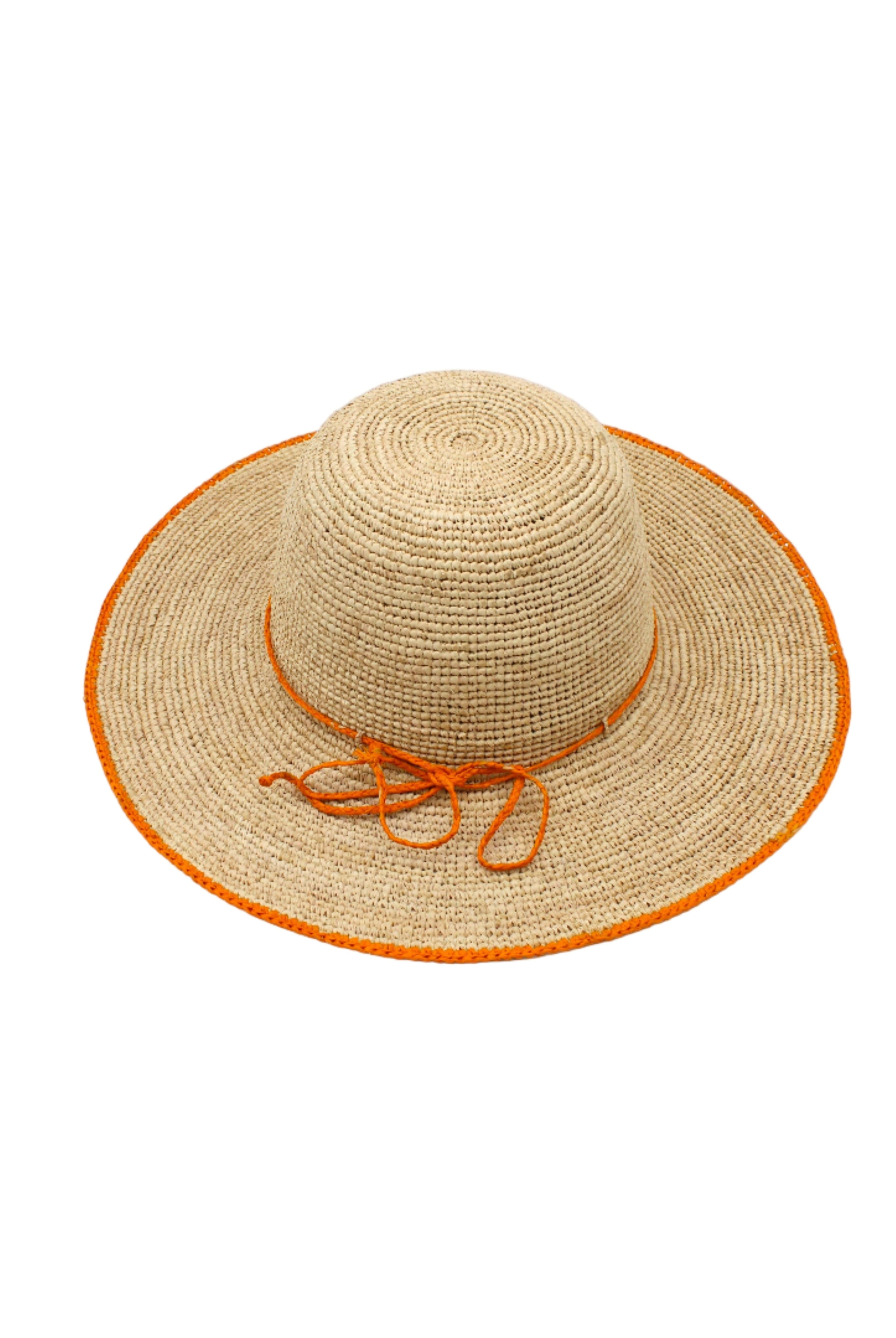 4 inch brim Rachel Crochet Saffron handmade straw sun hat saffron orange/yellow trim woven edge and matching adjustable hat band on natural straw colored raffia hat - Shebobo