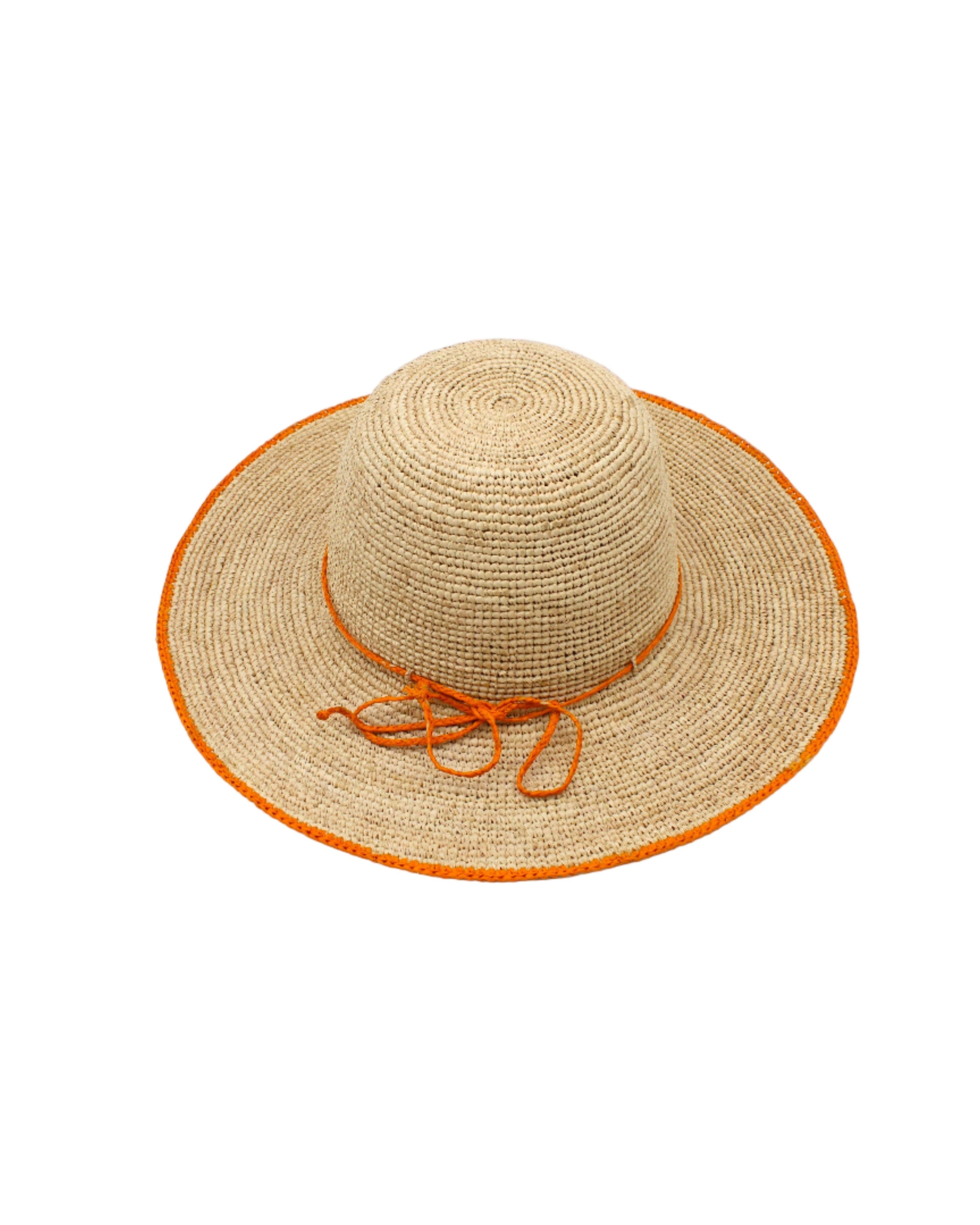 4 inch brim Rachel Crochet Saffron handmade straw sun hat saffron orange/yellow trim woven edge and matching adjustable hat band on natural straw colored raffia hat - Shebobo