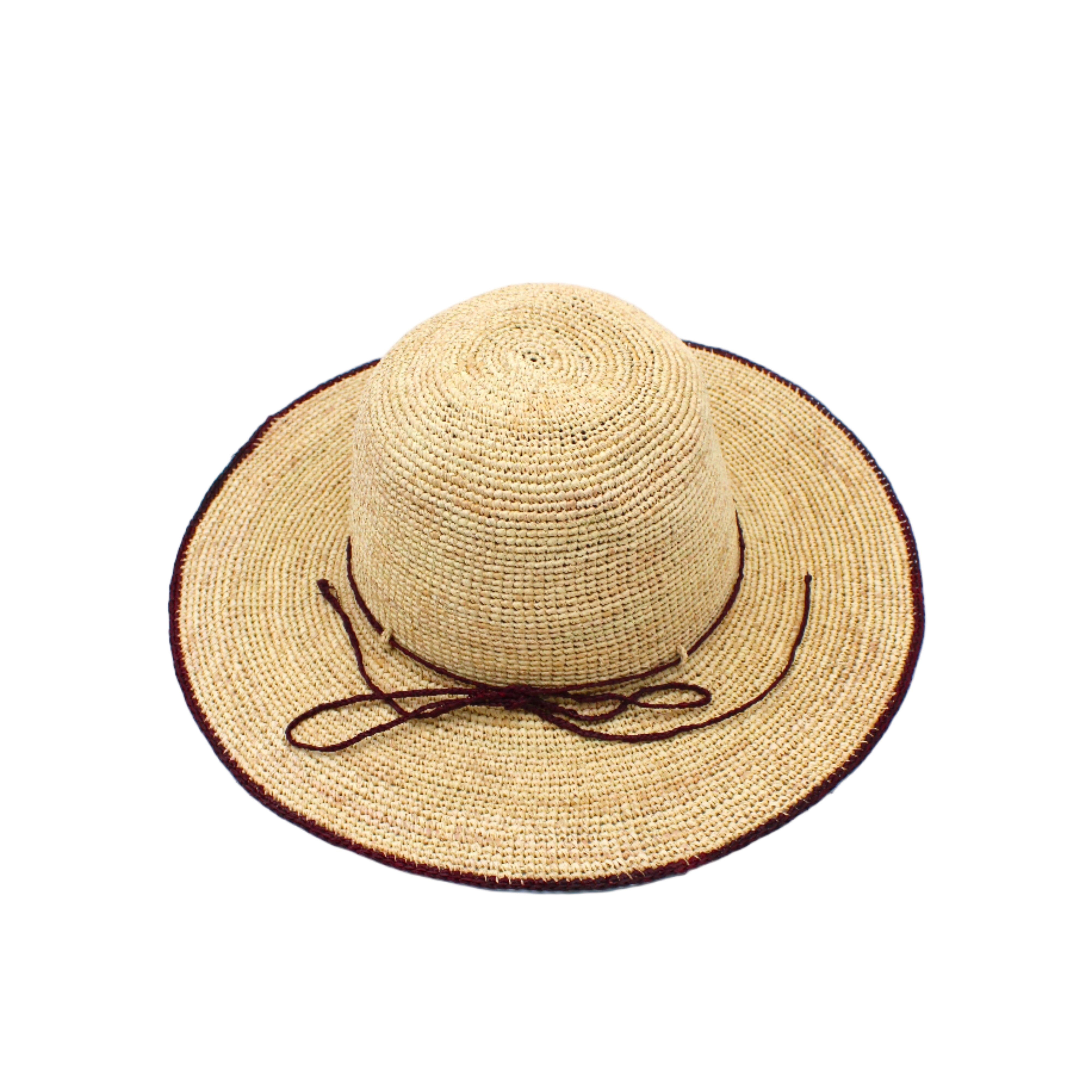 4 inch brim Rachel Crochet Umberwine handmade straw sun hat umberwine bordeaux/claret/deep/dark/red/purple trim woven edge and matching adjustable hat band on natural straw colored raffia hat - Shebobo