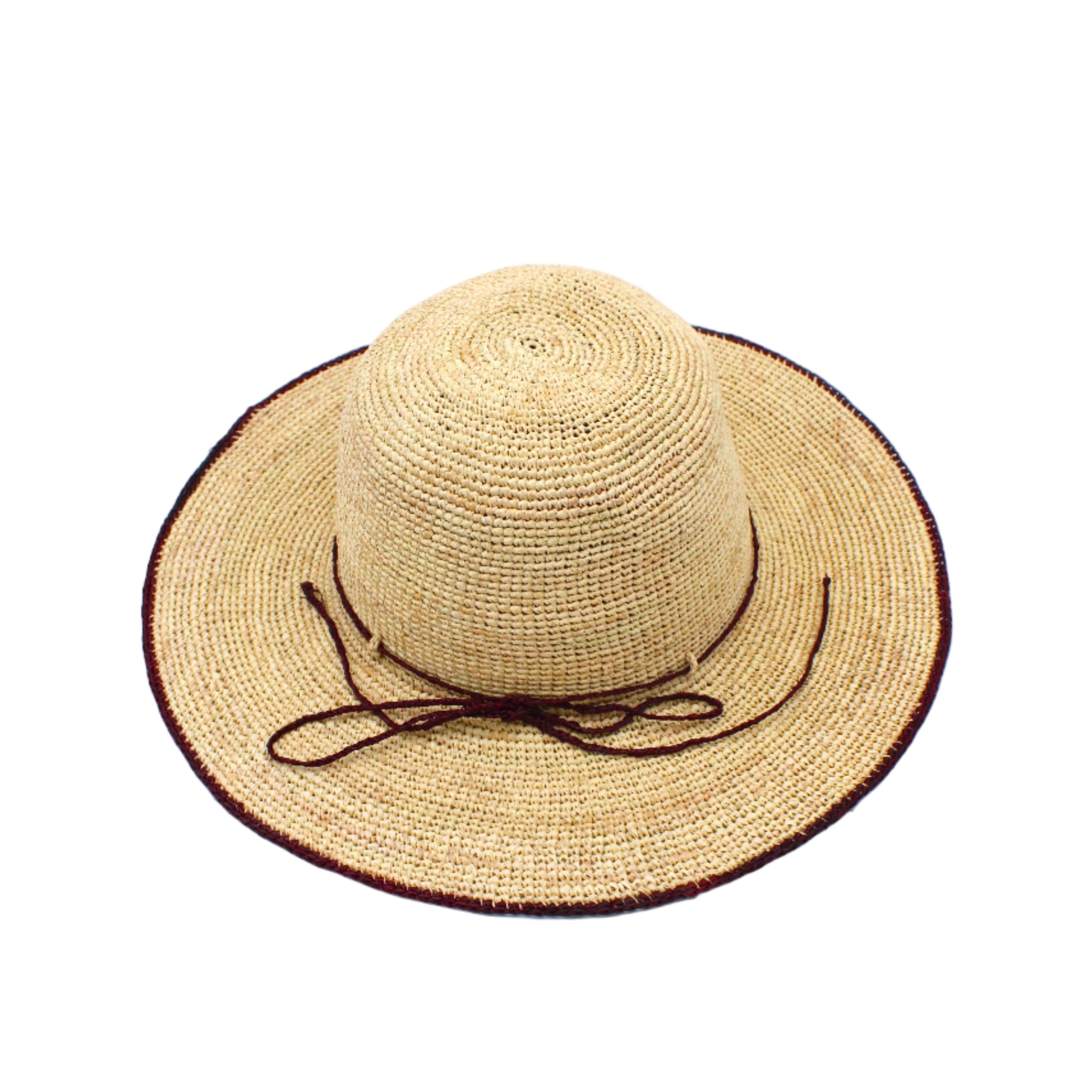 4 inch brim Rachel Crochet Umberwine handmade straw sun hat umberwine bordeaux/claret/deep/dark/red/purple trim woven edge and matching adjustable hat band on natural straw colored raffia hat - Shebobo