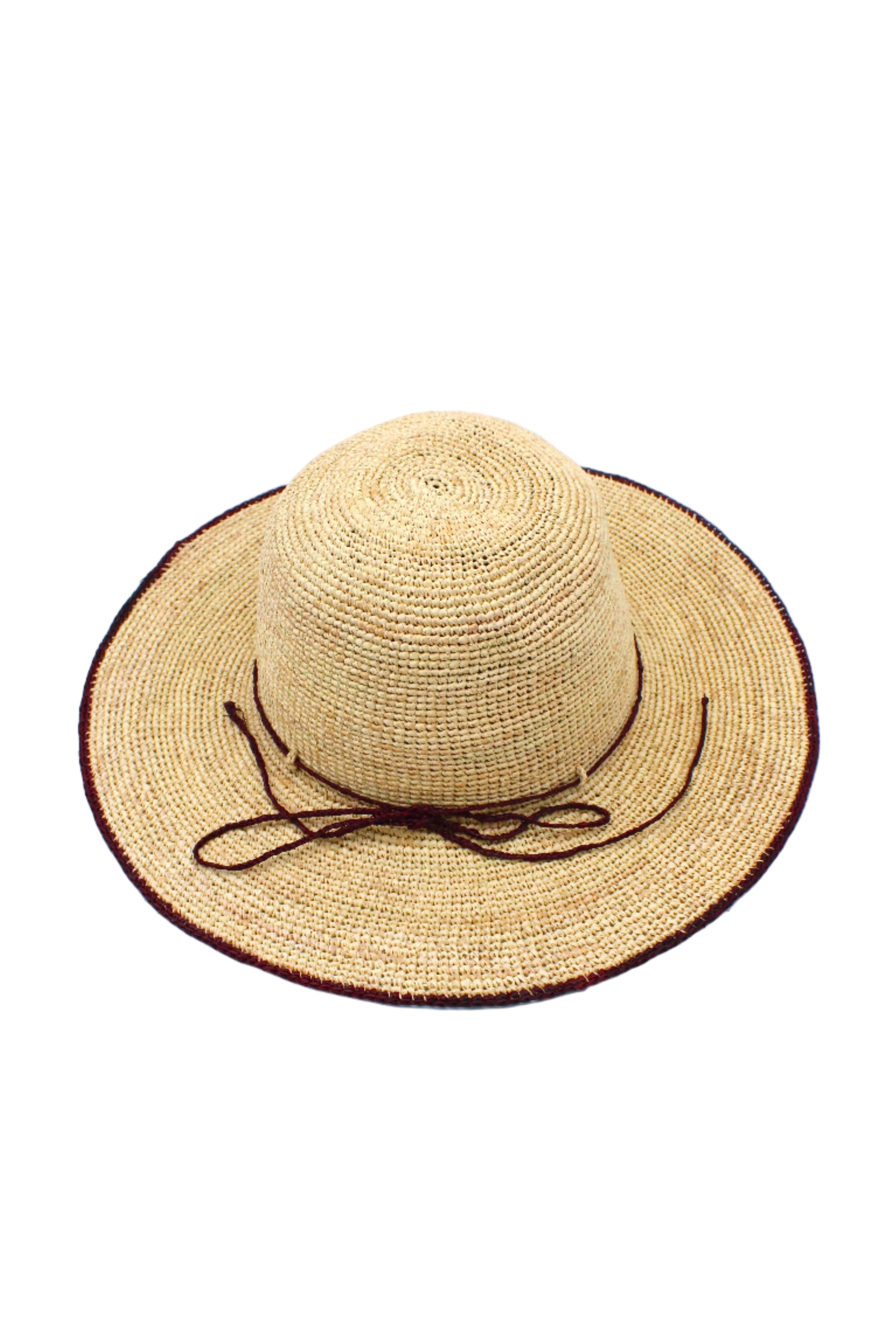 4 inch brim Rachel Crochet Umberwine handmade straw sun hat umberwine bordeaux/claret/deep/dark/red/purple trim woven edge and matching adjustable hat band on natural straw colored raffia hat - Shebobo