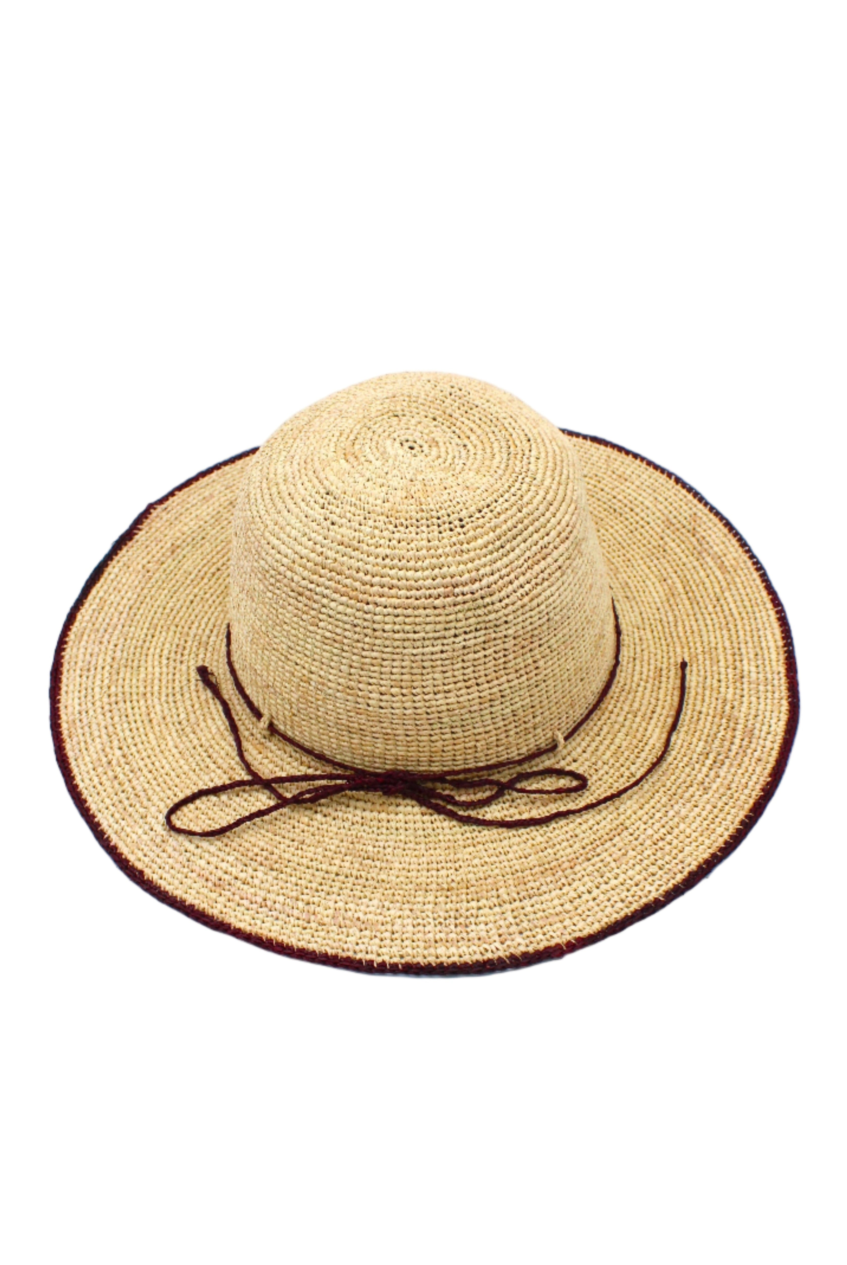 4 inch brim Rachel Crochet Umberwine handmade straw sun hat umberwine bordeaux/claret/deep/dark/red/purple trim woven edge and matching adjustable hat band on natural straw colored raffia hat - Shebobo