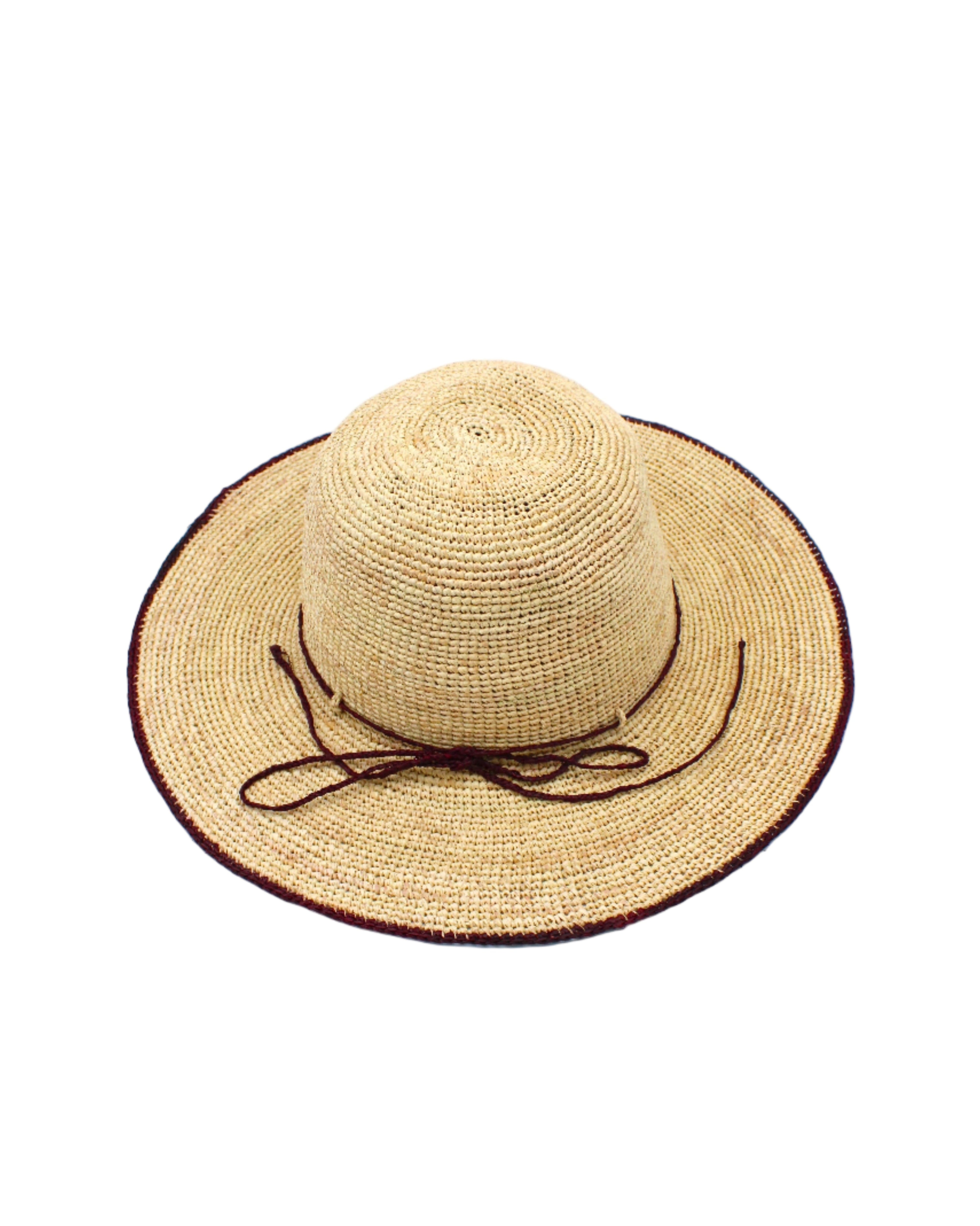 4 inch brim Rachel Crochet Umberwine handmade straw sun hat umberwine bordeaux/claret/deep/dark/red/purple trim woven edge and matching adjustable hat band on natural straw colored raffia hat - Shebobo