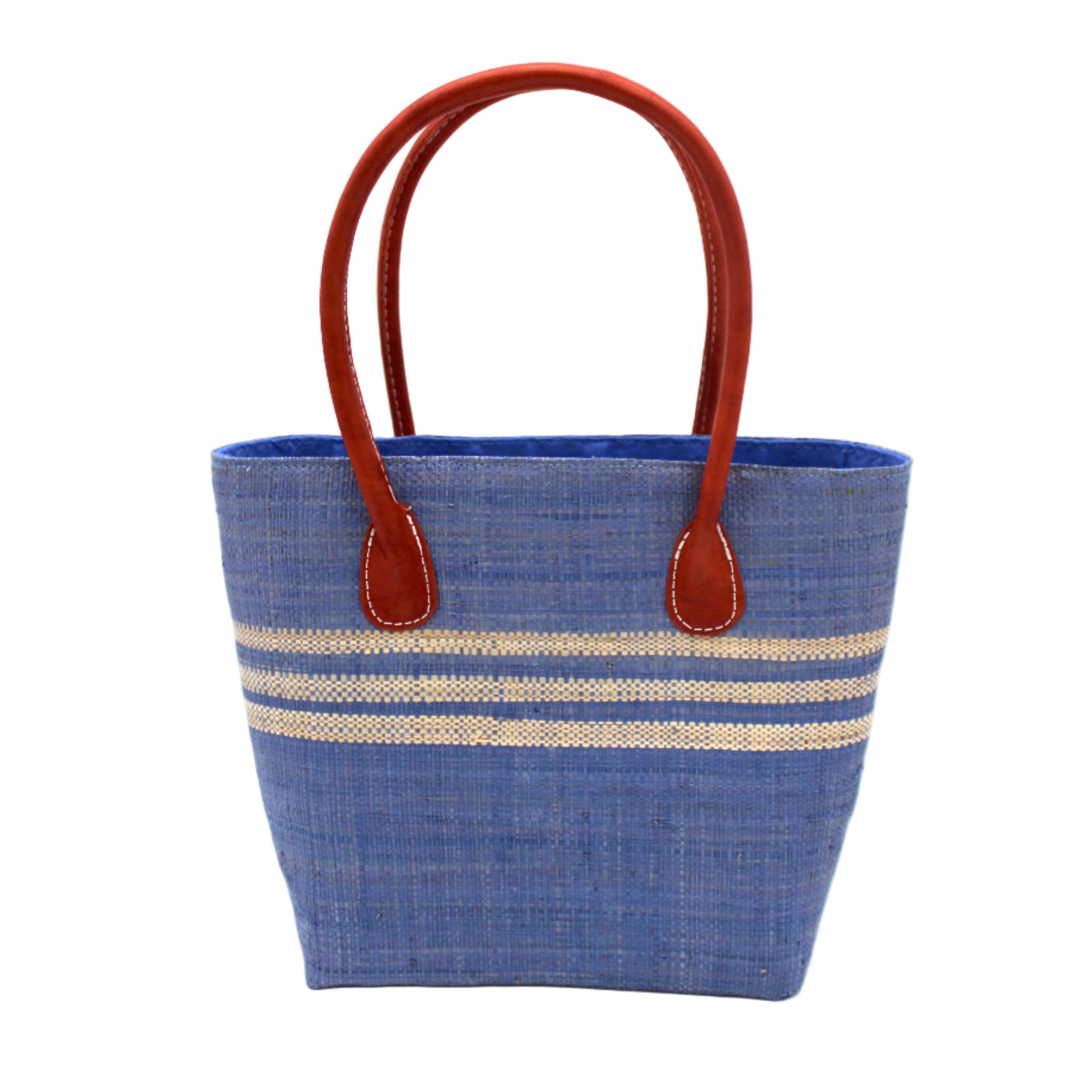 Raja Racing Stripe Straw Basket Bag handmade loomed natural raffia palm fiber in a two tone multicolor design of Denim light/retro/soft/blue color with three horizontal bands of Natural straw color creating a racing stripe pattern placed under the base of the handles a third down the height of the bag - Shebobo