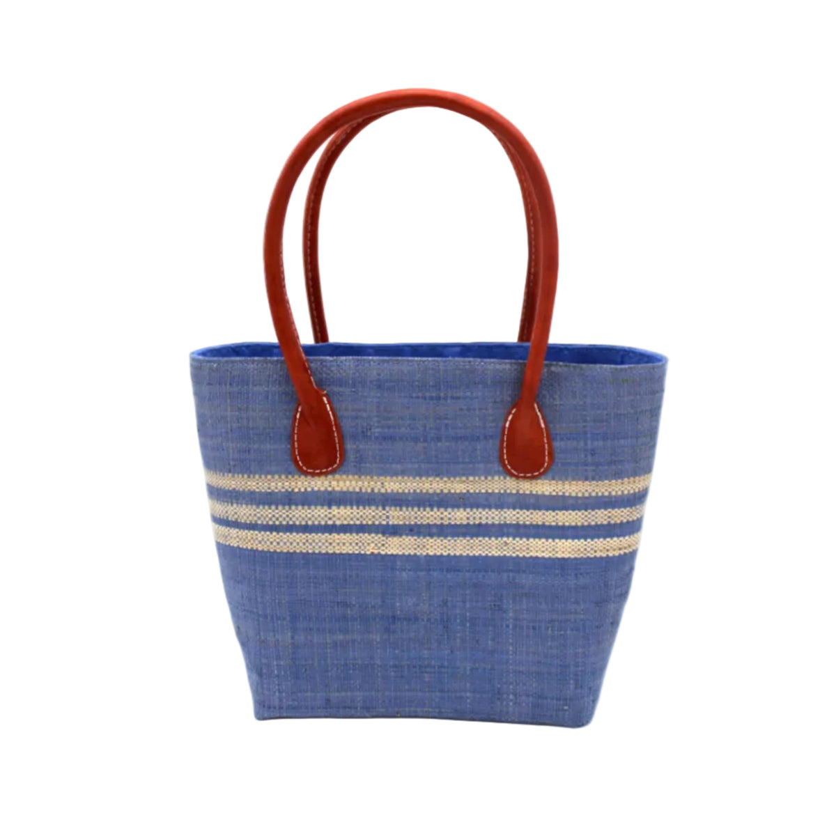 Raja Racing Stripe Straw Basket Bag handmade loomed natural raffia palm fiber in a two tone multicolor design of Denim light/retro/soft/blue color with three horizontal bands of Natural straw color creating a racing stripe pattern placed under the base of the handles a third down the height of the bag - Shebobo