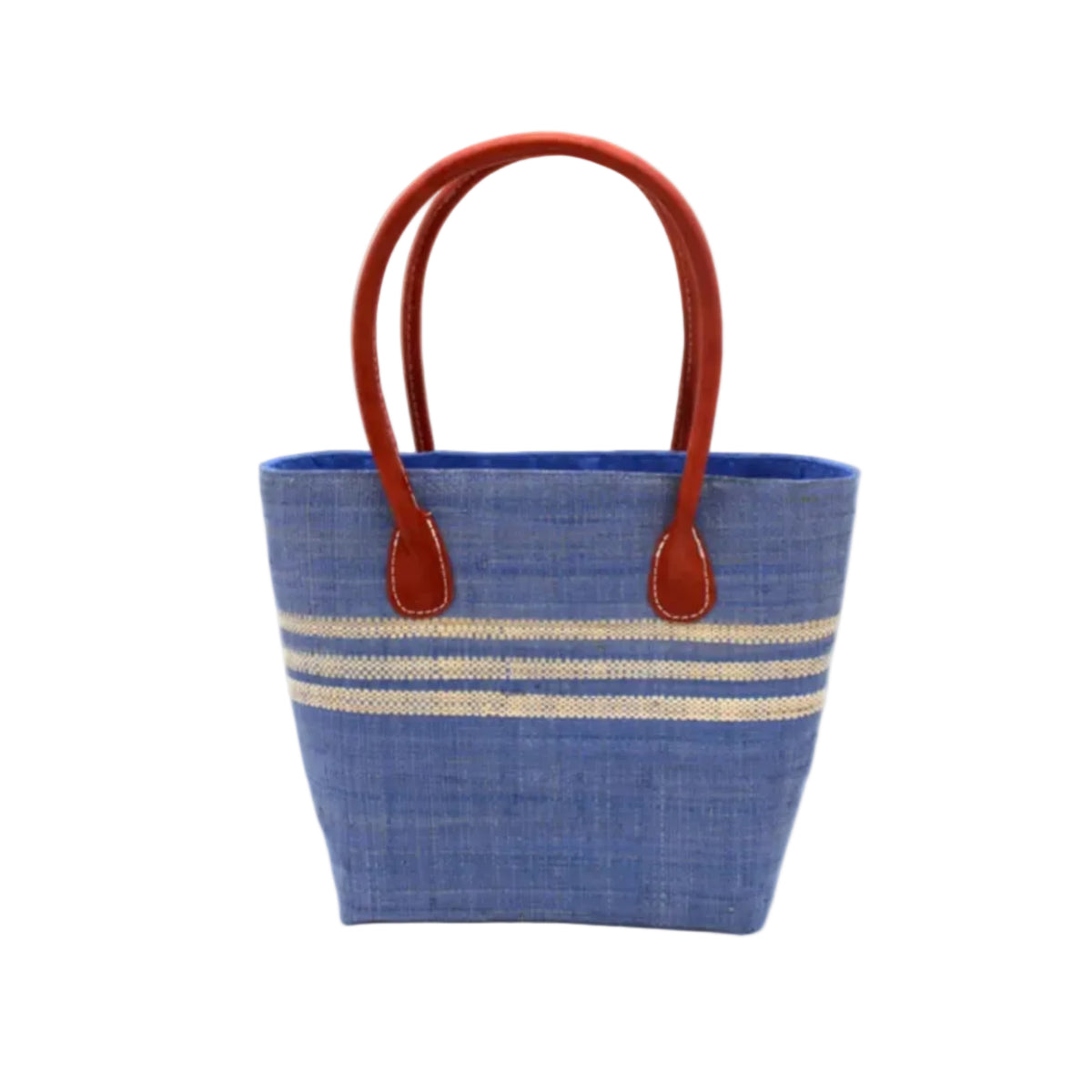 Raja Racing Stripe Straw Basket Bag handmade loomed natural raffia palm fiber in a two tone multicolor design of Denim light/retro/soft/blue color with three horizontal bands of Natural straw color creating a racing stripe pattern placed under the base of the handles a third down the height of the bag - Shebobo