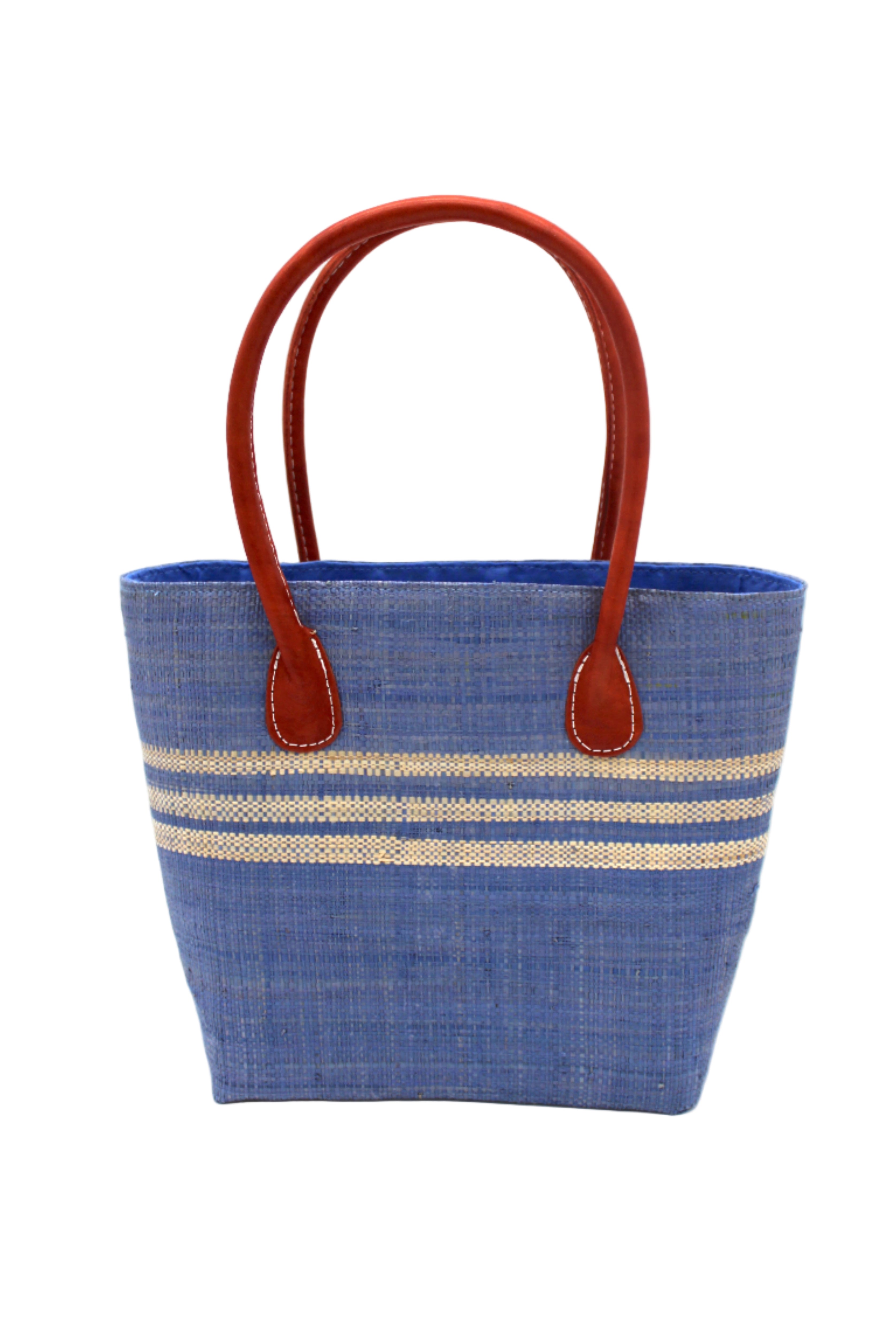 Raja Racing Stripe Straw Basket Bag handmade loomed natural raffia palm fiber in a two tone multicolor design of Denim light/retro/soft/blue color with three horizontal bands of Natural straw color creating a racing stripe pattern placed under the base of the handles a third down the height of the bag - Shebobo