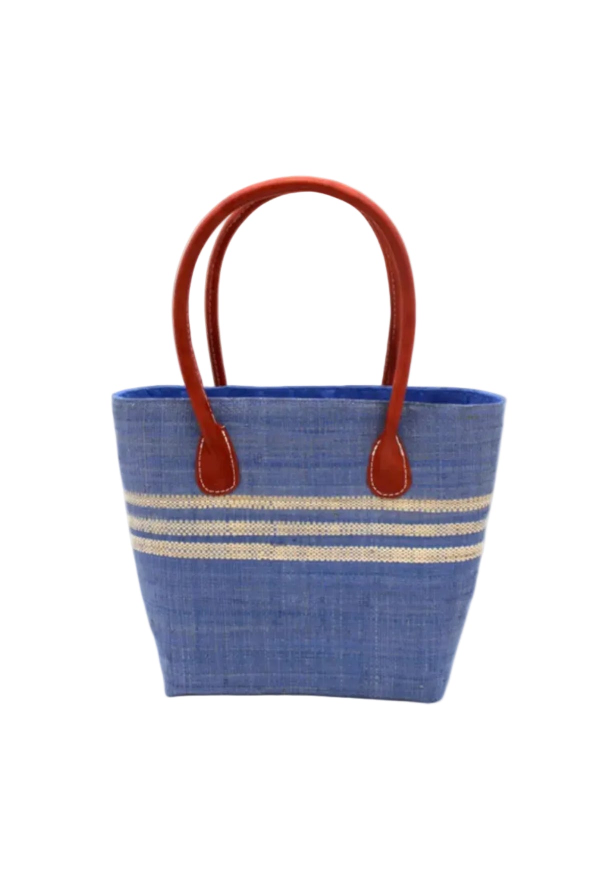 Raja Racing Stripe Straw Basket Bag handmade loomed natural raffia palm fiber in a two tone multicolor design of Denim light/retro/soft/blue color with three horizontal bands of Natural straw color creating a racing stripe pattern placed under the base of the handles a third down the height of the bag - Shebobo