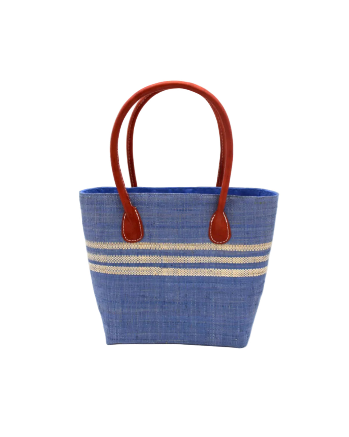 Raja Racing Stripe Straw Basket Bag handmade loomed natural raffia palm fiber in a two tone multicolor design of Denim light/retro/soft/blue color with three horizontal bands of Natural straw color creating a racing stripe pattern placed under the base of the handles a third down the height of the bag - Shebobo