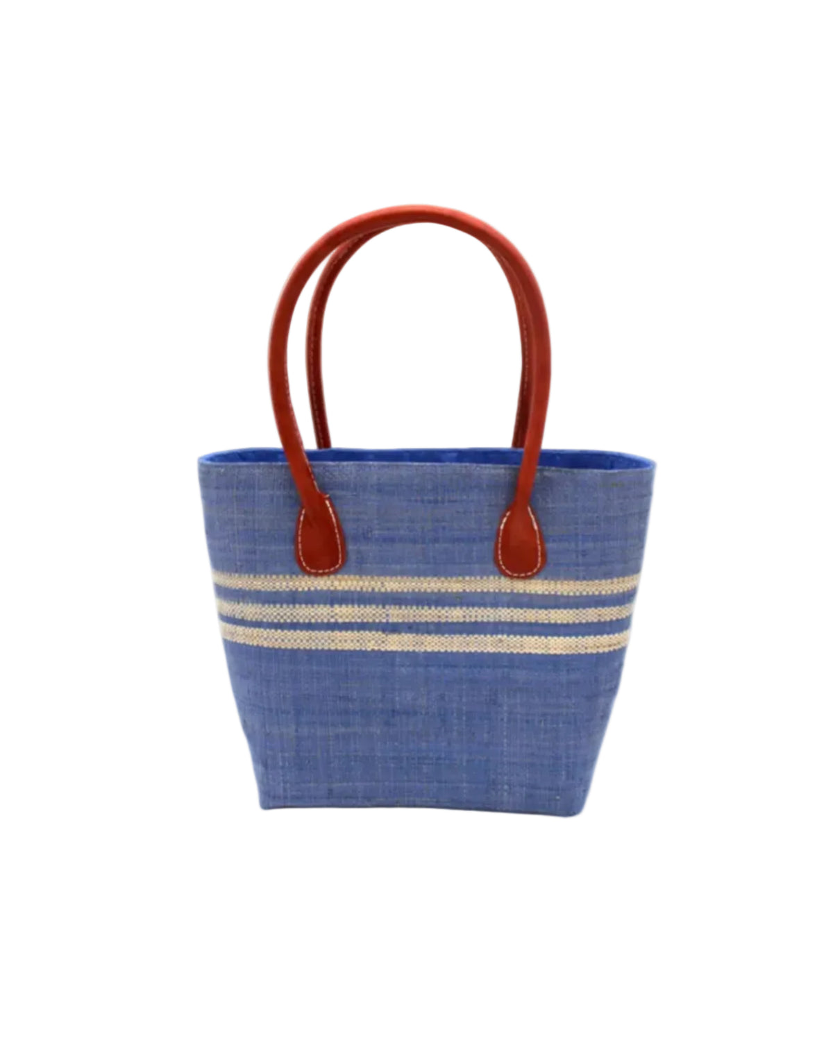 Raja Racing Stripe Straw Basket Bag handmade loomed natural raffia palm fiber in a two tone multicolor design of Denim light/retro/soft/blue color with three horizontal bands of Natural straw color creating a racing stripe pattern placed under the base of the handles a third down the height of the bag - Shebobo