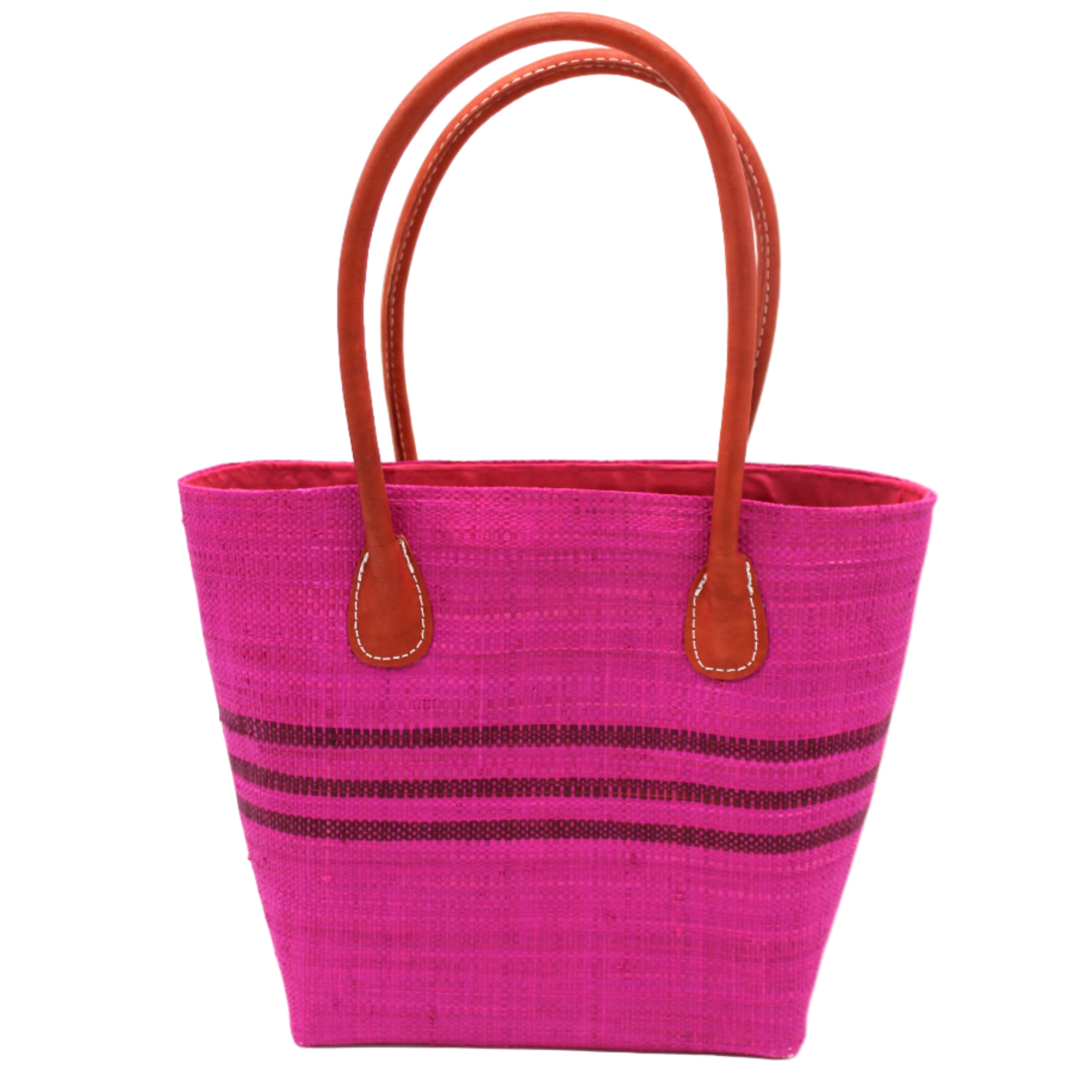 Raja Racing Stripe Straw Basket Bag handmade loomed natural raffia palm fiber in a two tone multicolor design of Fuchsia hot/bright/barbie/pink color with three horizontal bands of Umberwine bordeaux/claret/dark/purple/red creating a racing stripe pattern placed under the base of the handles a third down the height of the bag - Shebobo
