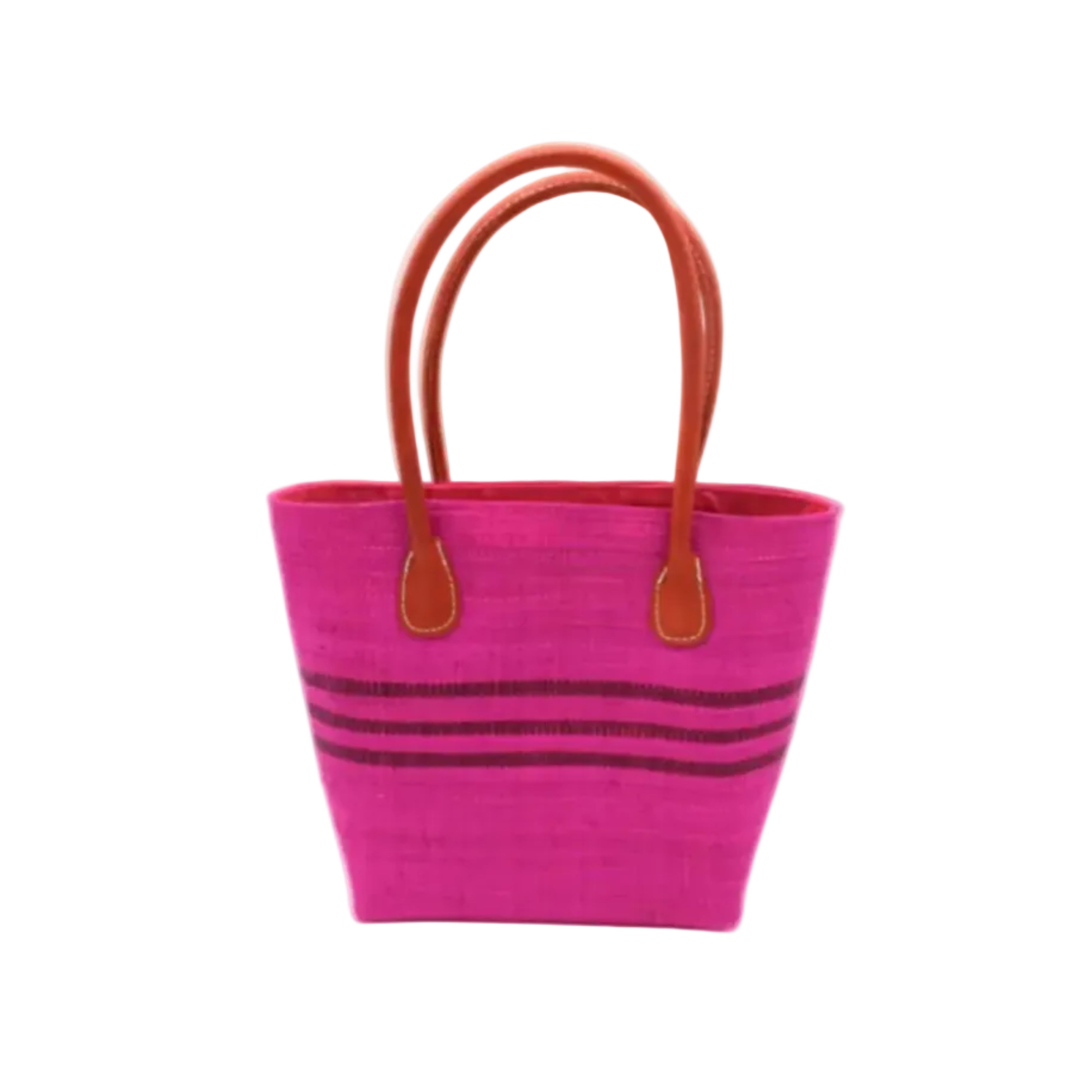 Raja Racing Stripe Straw Basket Bag handmade loomed natural raffia palm fiber in a two tone multicolor design of Fuchsia hot/bright/barbie/pink color with three horizontal bands of Umberwine bordeaux/claret/dark/purple/red creating a racing stripe pattern placed under the base of the handles a third down the height of the bag - Shebobo