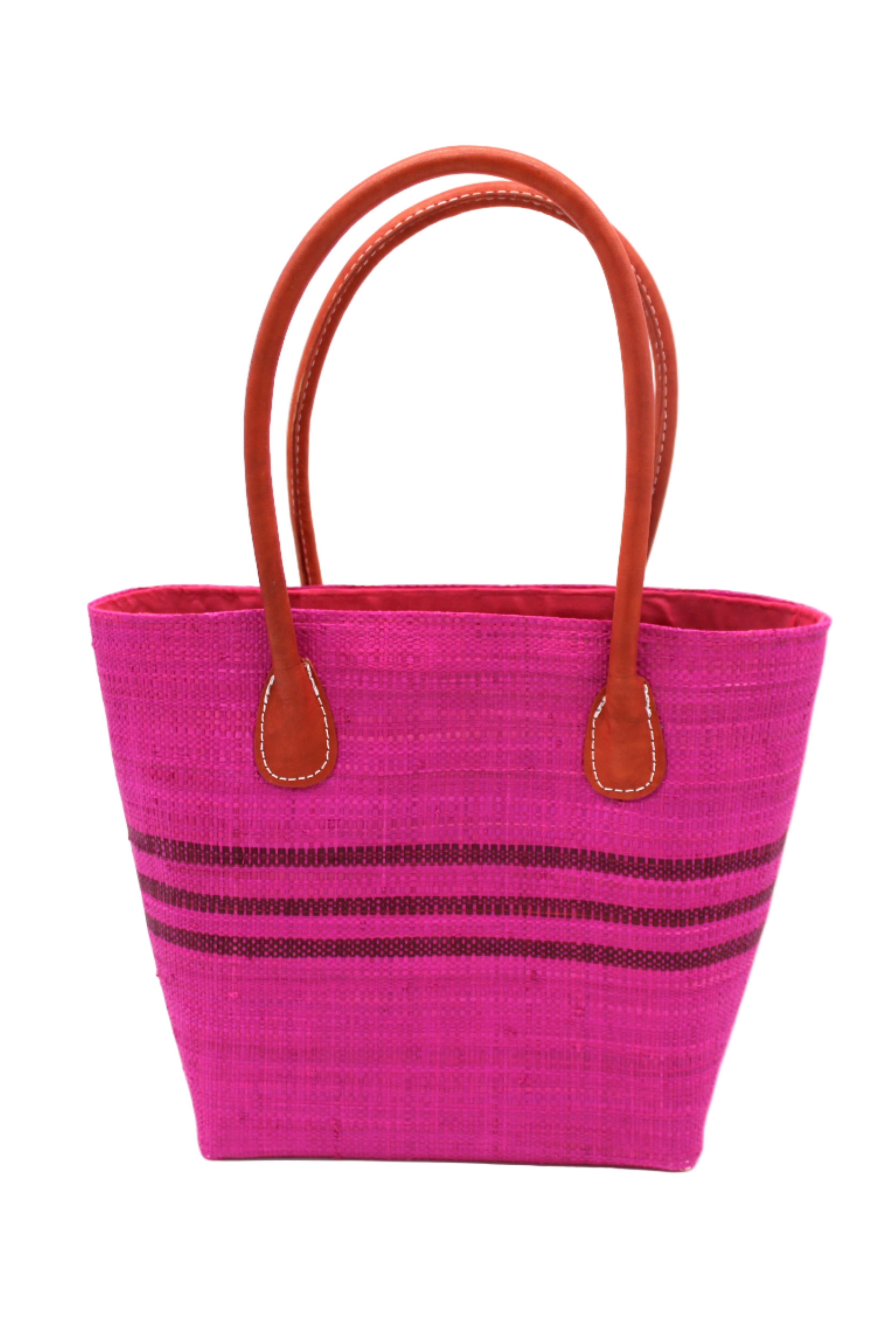 Raja Racing Stripe Straw Basket Bag handmade loomed natural raffia palm fiber in a two tone multicolor design of Fuchsia hot/bright/barbie/pink color with three horizontal bands of Umberwine bordeaux/claret/dark/purple/red creating a racing stripe pattern placed under the base of the handles a third down the height of the bag - Shebobo