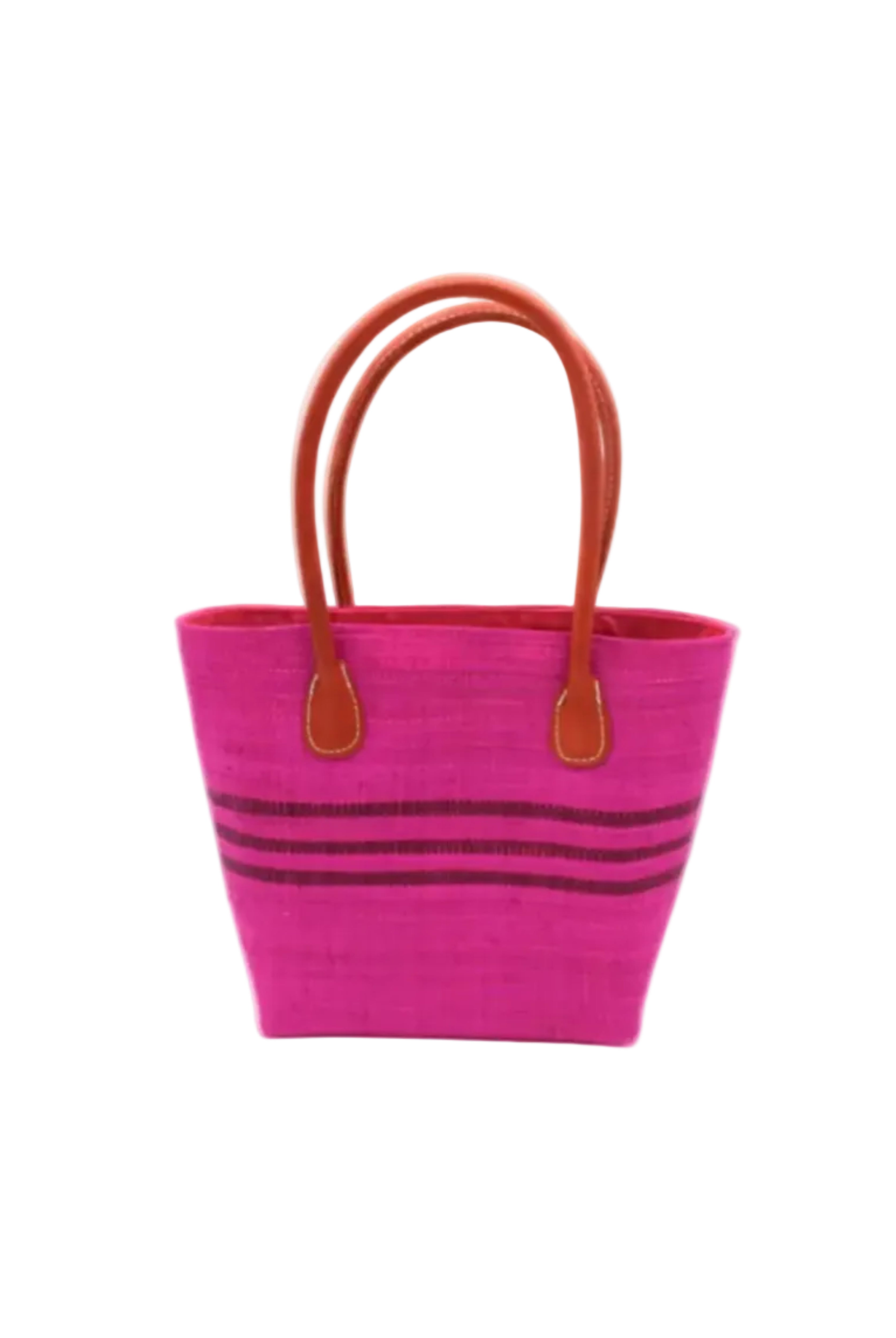Raja Racing Stripe Straw Basket Bag handmade loomed natural raffia palm fiber in a two tone multicolor design of Fuchsia hot/bright/barbie/pink color with three horizontal bands of Umberwine bordeaux/claret/dark/purple/red creating a racing stripe pattern placed under the base of the handles a third down the height of the bag - Shebobo