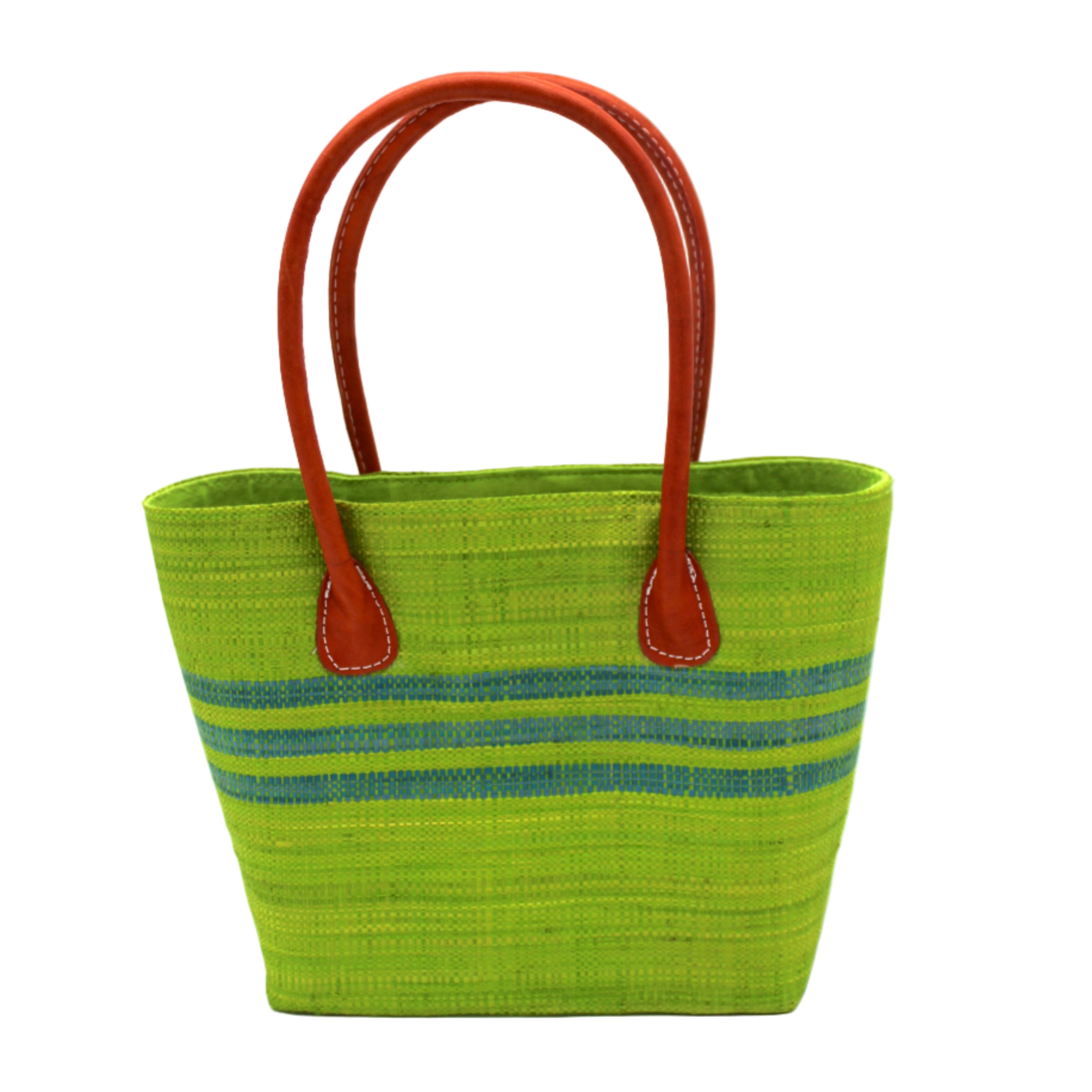 Raja Racing Stripe Straw Basket Bag handmade loomed natural raffia palm fiber in a two tone multicolor design of Midori lime/bright/neon/green color with three horizontal bands of Turquoise blue/green creating a racing stripe pattern placed under the base of the handles a third down the height of the bag - Shebobo
