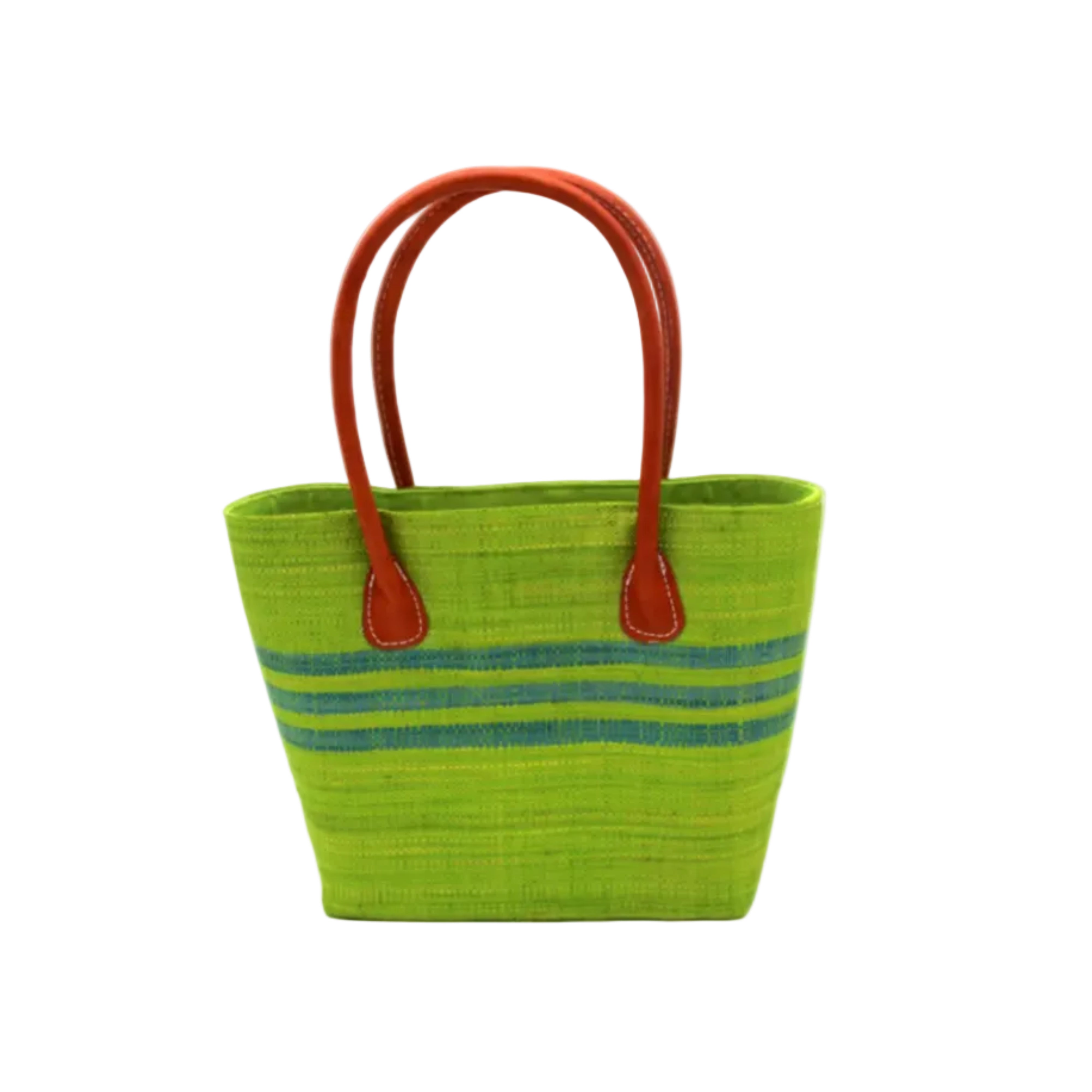 Raja Racing Stripe Straw Basket Bag handmade loomed natural raffia palm fiber in a two tone multicolor design of Midori lime/bright/neon/green color with three horizontal bands of Turquoise blue/green creating a racing stripe pattern placed under the base of the handles a third down the height of the bag - Shebobo