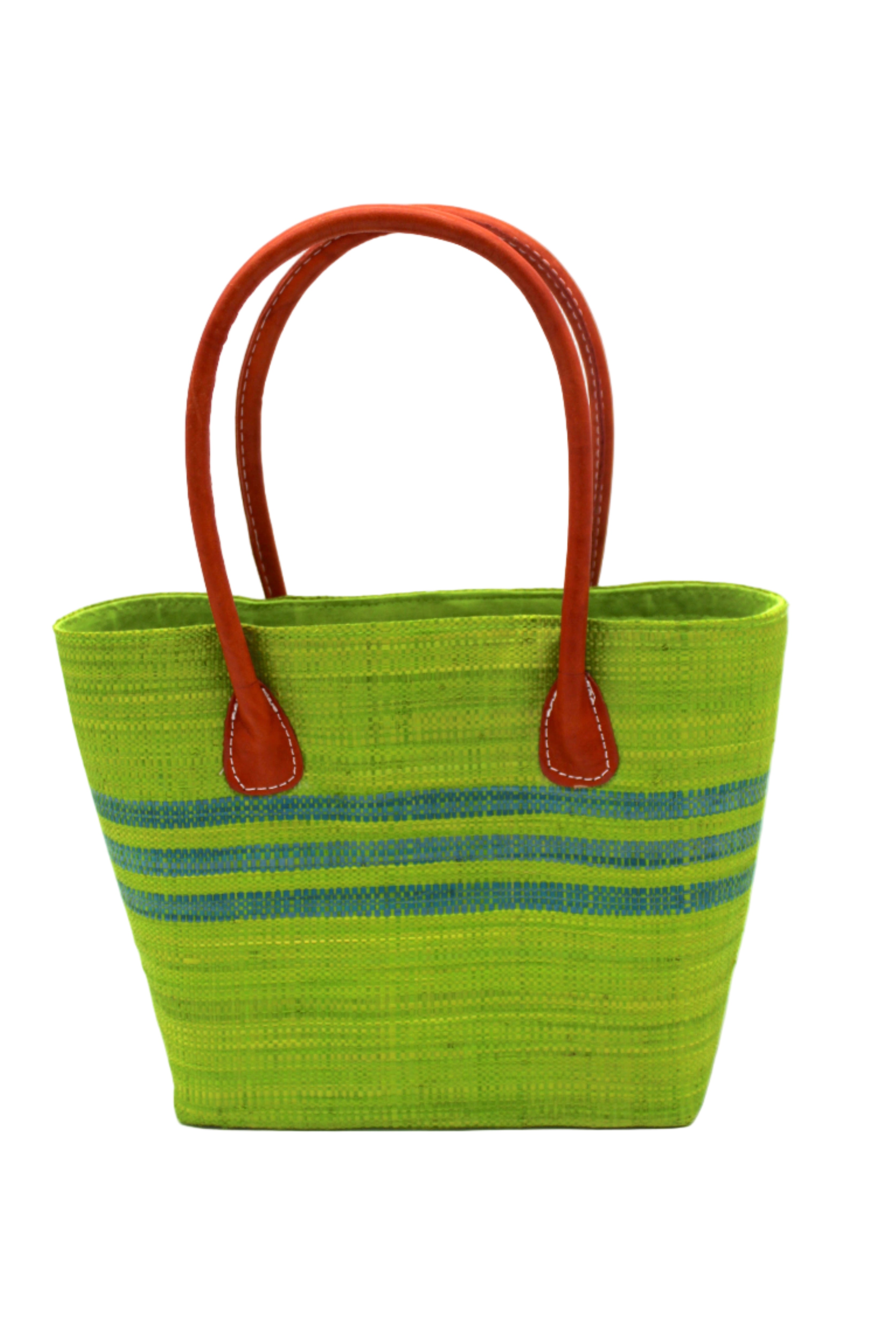 Raja Racing Stripe Straw Basket Bag handmade loomed natural raffia palm fiber in a two tone multicolor design of Midori lime/bright/neon/green color with three horizontal bands of Turquoise blue/green creating a racing stripe pattern placed under the base of the handles a third down the height of the bag - Shebobo