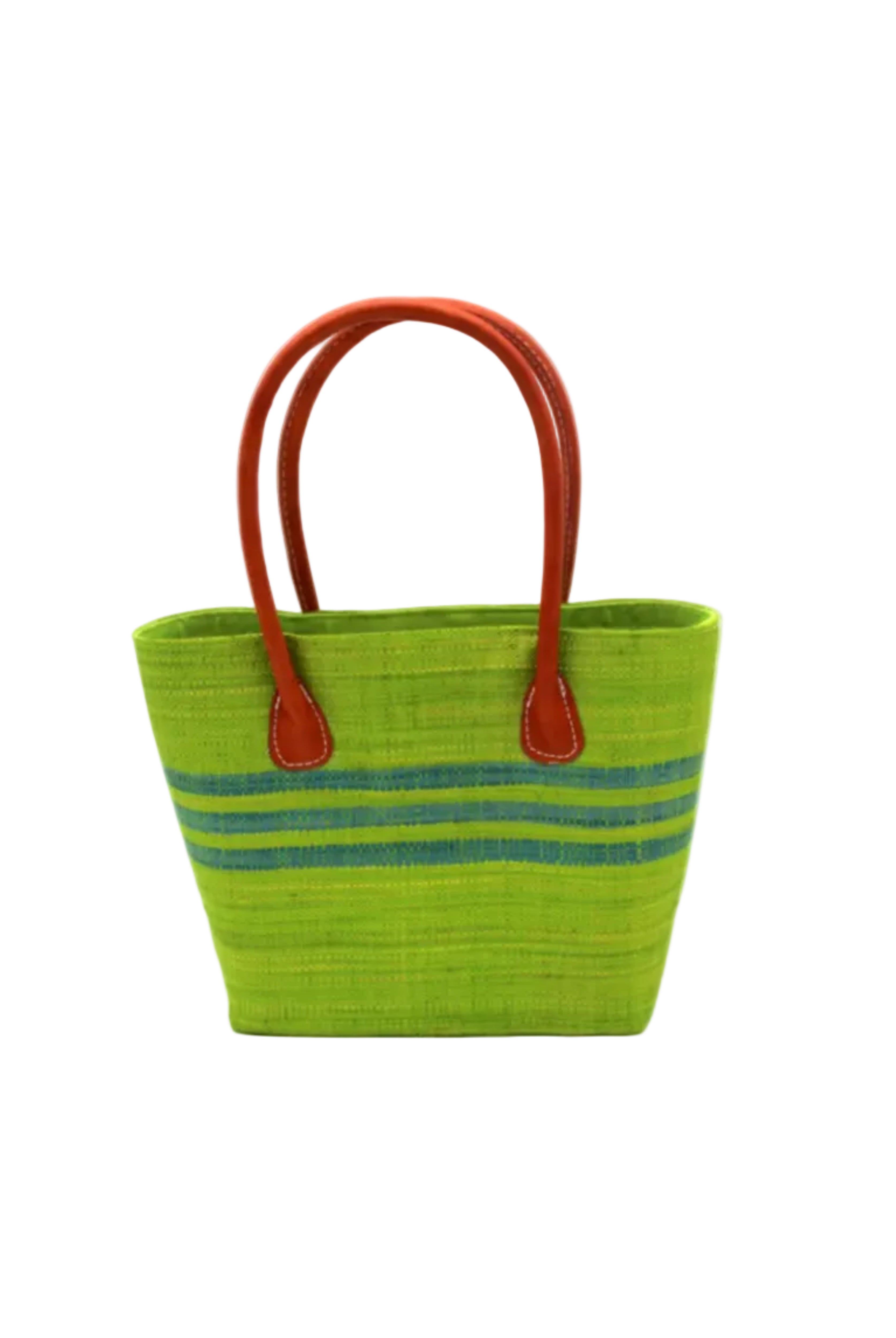 Raja Racing Stripe Straw Basket Bag handmade loomed natural raffia palm fiber in a two tone multicolor design of Midori lime/bright/neon/green color with three horizontal bands of Turquoise blue/green creating a racing stripe pattern placed under the base of the handles a third down the height of the bag - Shebobo