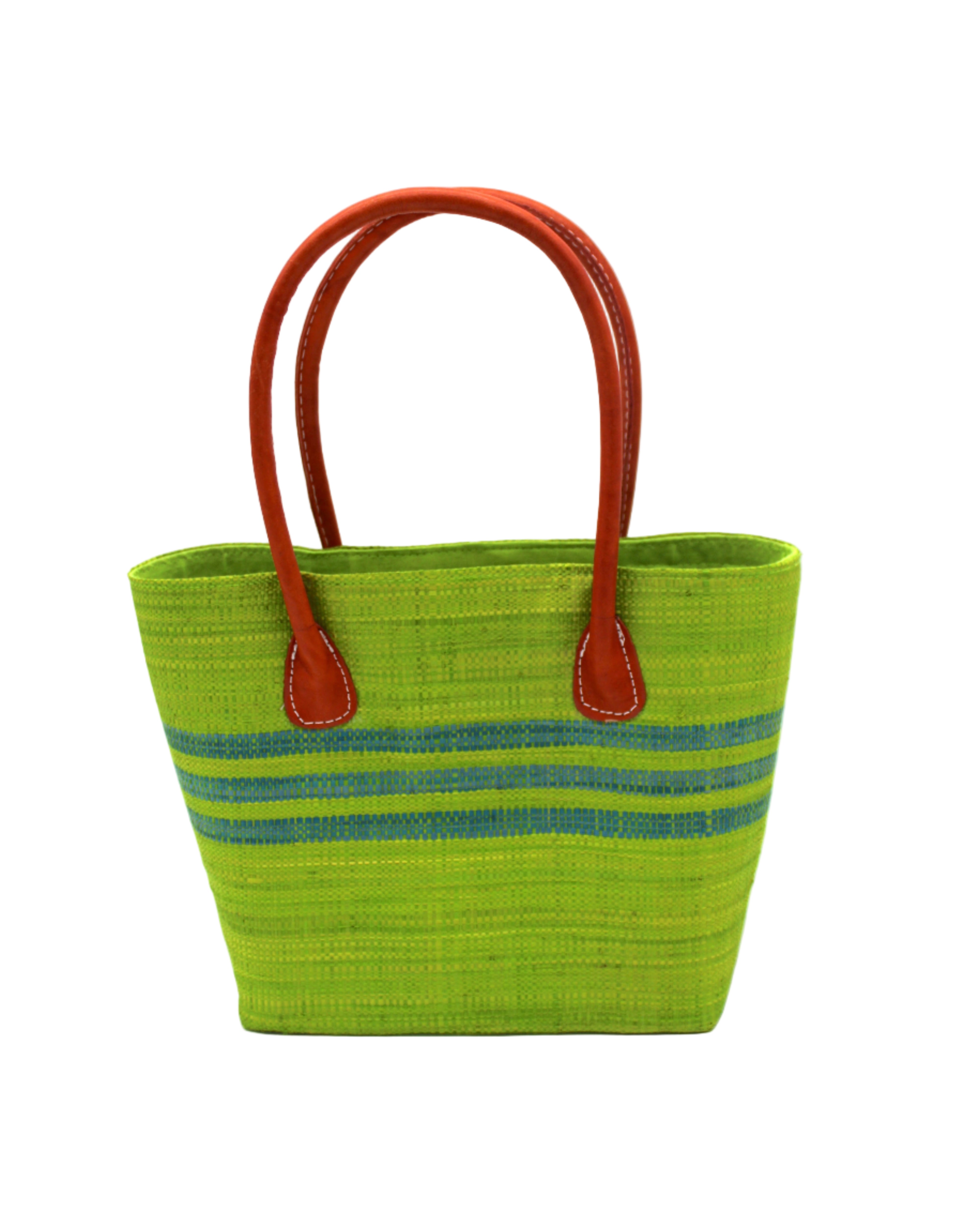 Raja Racing Stripe Straw Basket Bag handmade loomed natural raffia palm fiber in a two tone multicolor design of Midori lime/bright/neon/green color with three horizontal bands of Turquoise blue/green creating a racing stripe pattern placed under the base of the handles a third down the height of the bag - Shebobo