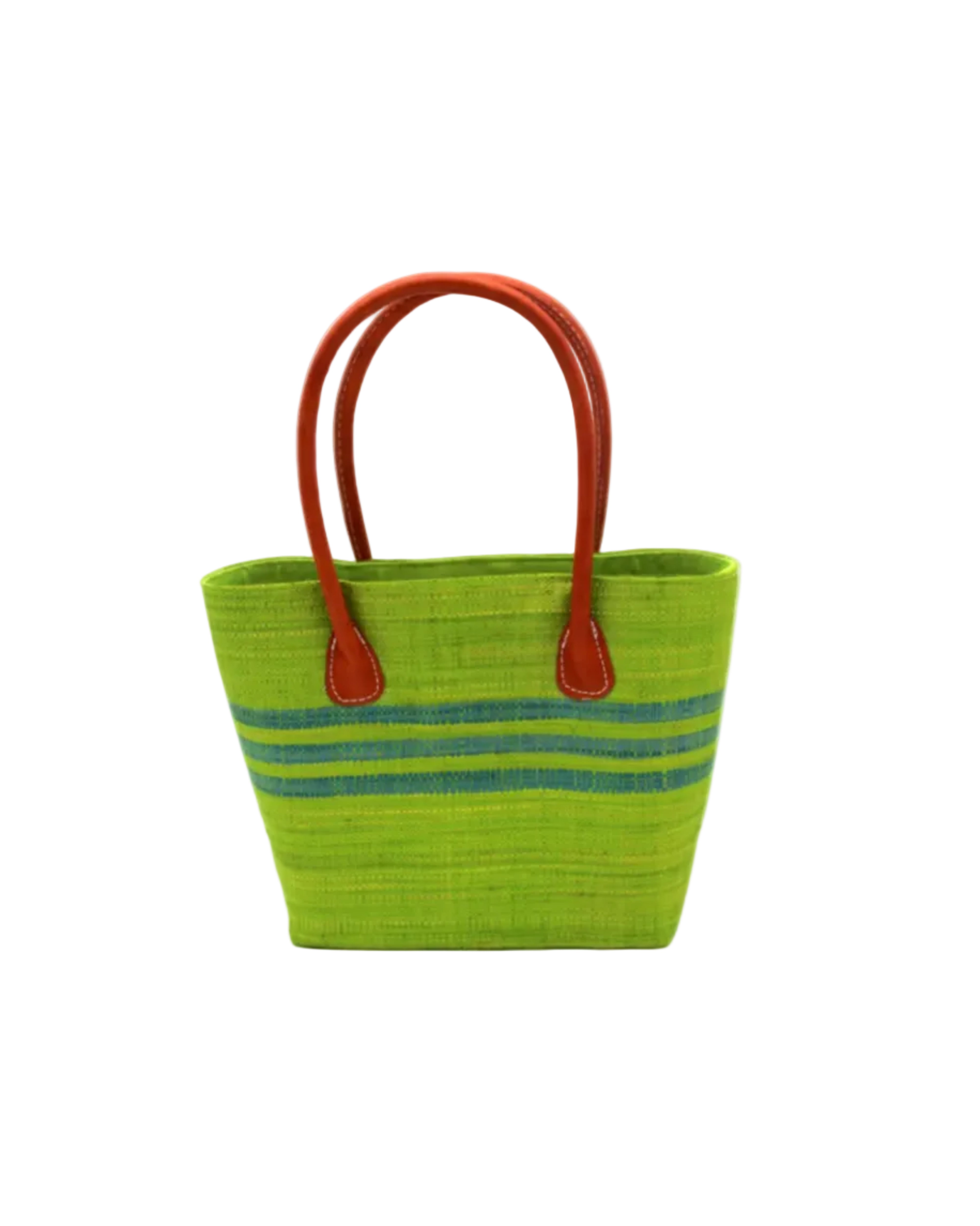 Raja Racing Stripe Straw Basket Bag handmade loomed natural raffia palm fiber in a two tone multicolor design of Midori lime/bright/neon/green color with three horizontal bands of Turquoise blue/green creating a racing stripe pattern placed under the base of the handles a third down the height of the bag - Shebobo