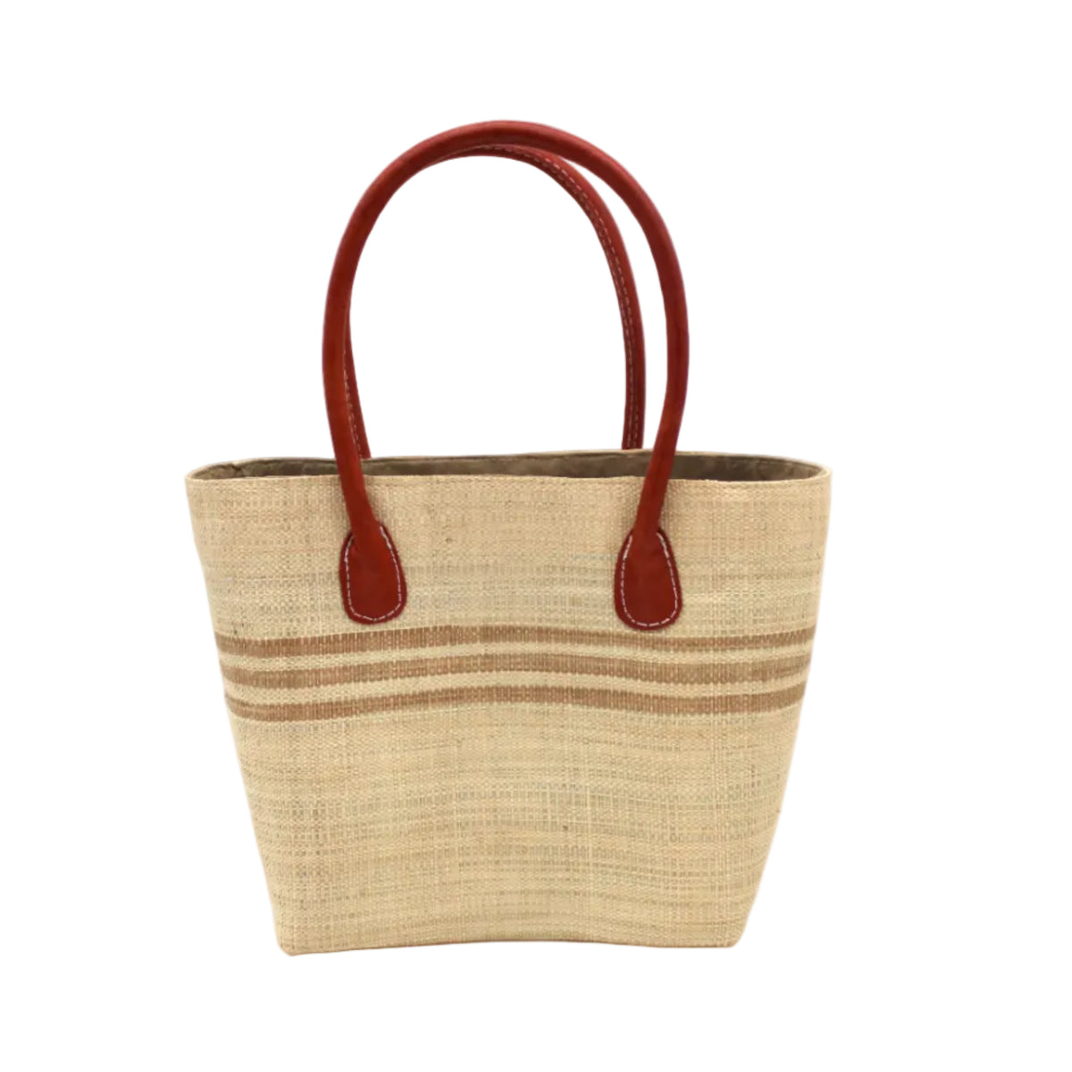 Raja Racing Stripe Straw Basket Bag handmade loomed natural raffia palm fiber in a two tone multicolor design of Natural straw color with three horizontal bands of Cappuccino tea/light/brown creating a racing stripe pattern placed under the base of the handles a third down the height of the bag - Shebobo