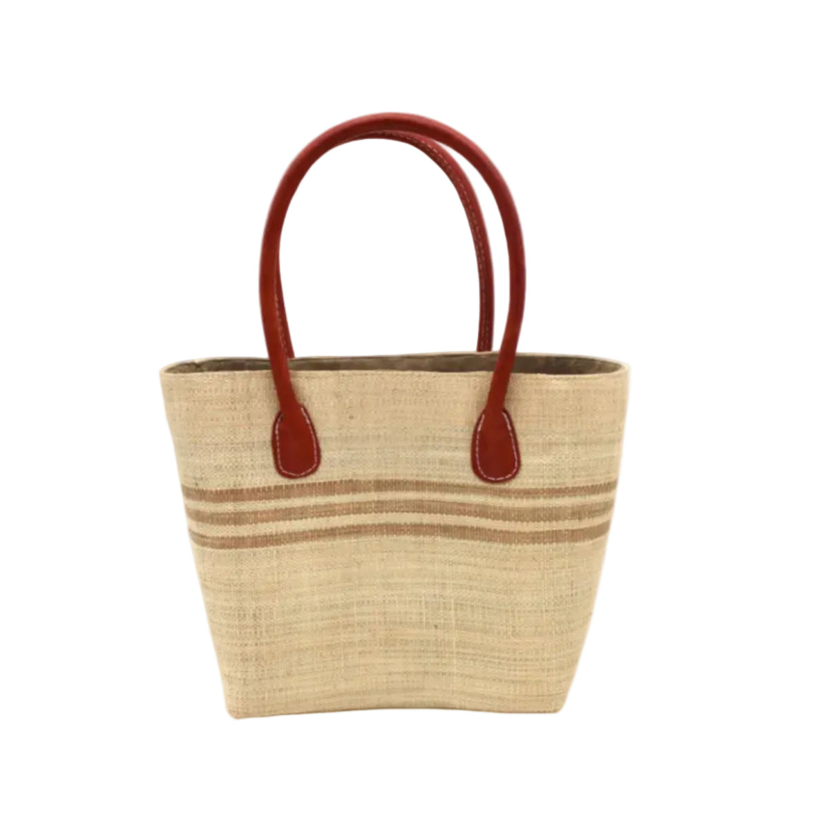 Raja Racing Stripe Straw Basket Bag handmade loomed natural raffia palm fiber in a two tone multicolor design of Natural straw color with three horizontal bands of Cappuccino tea/light/brown creating a racing stripe pattern placed under the base of the handles a third down the height of the bag - Shebobo