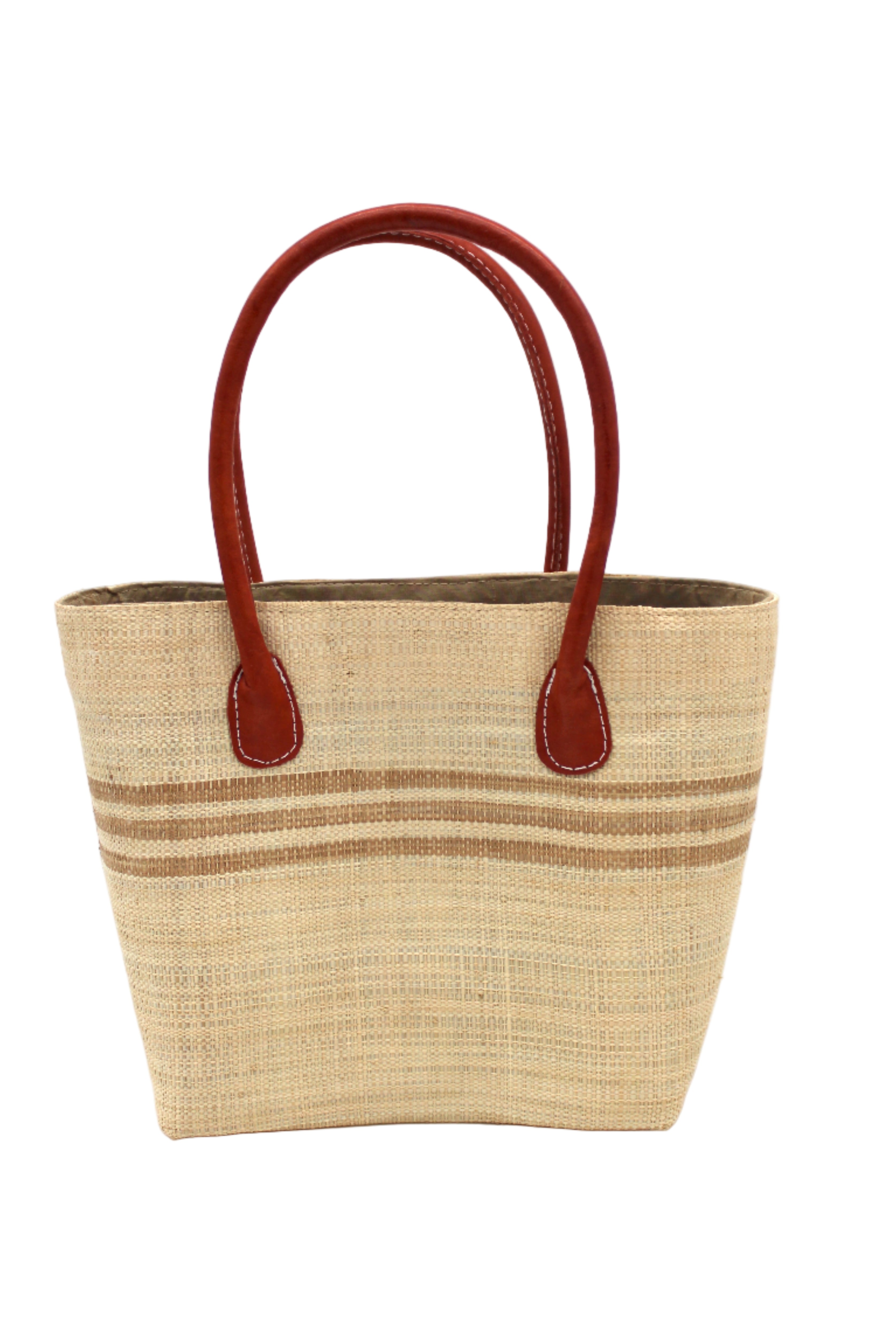 Raja Racing Stripe Straw Basket Bag handmade loomed natural raffia palm fiber in a two tone multicolor design of Natural straw color with three horizontal bands of Cappuccino tea/light/brown creating a racing stripe pattern placed under the base of the handles a third down the height of the bag - Shebobo