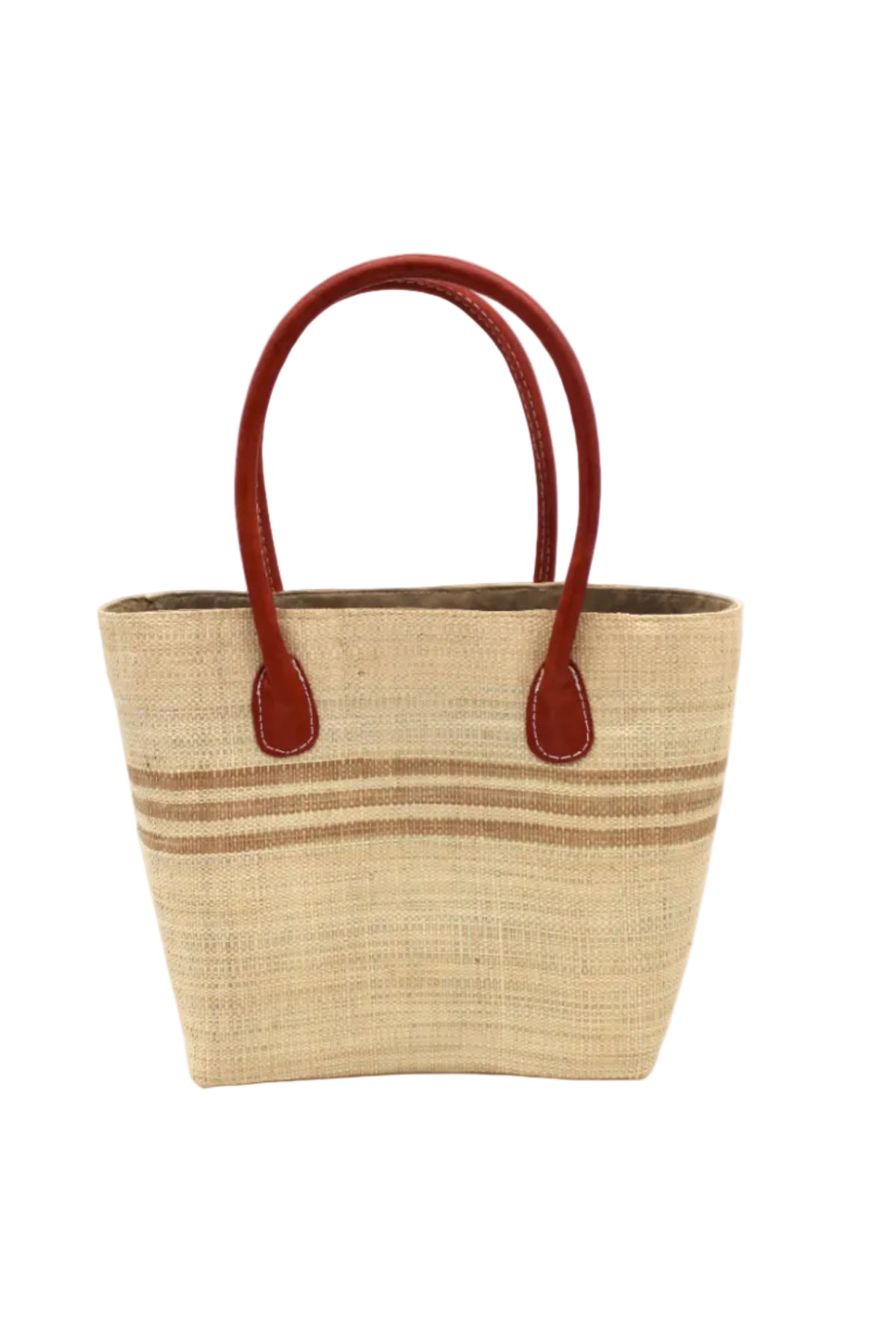 Raja Racing Stripe Straw Basket Bag handmade loomed natural raffia palm fiber in a two tone multicolor design of Natural straw color with three horizontal bands of Cappuccino tea/light/brown creating a racing stripe pattern placed under the base of the handles a third down the height of the bag - Shebobo