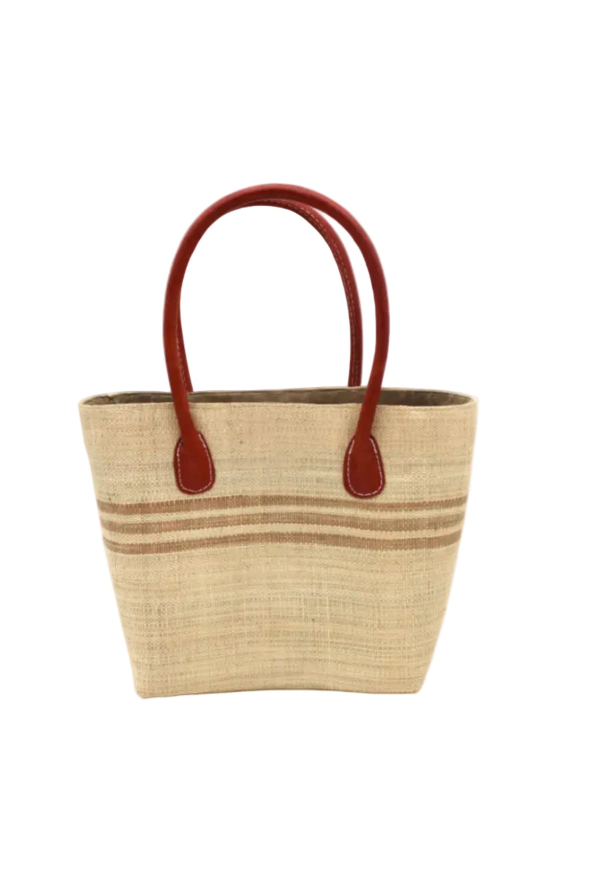 Raja Racing Stripe Straw Basket Bag handmade loomed natural raffia palm fiber in a two tone multicolor design of Natural straw color with three horizontal bands of Cappuccino tea/light/brown creating a racing stripe pattern placed under the base of the handles a third down the height of the bag - Shebobo