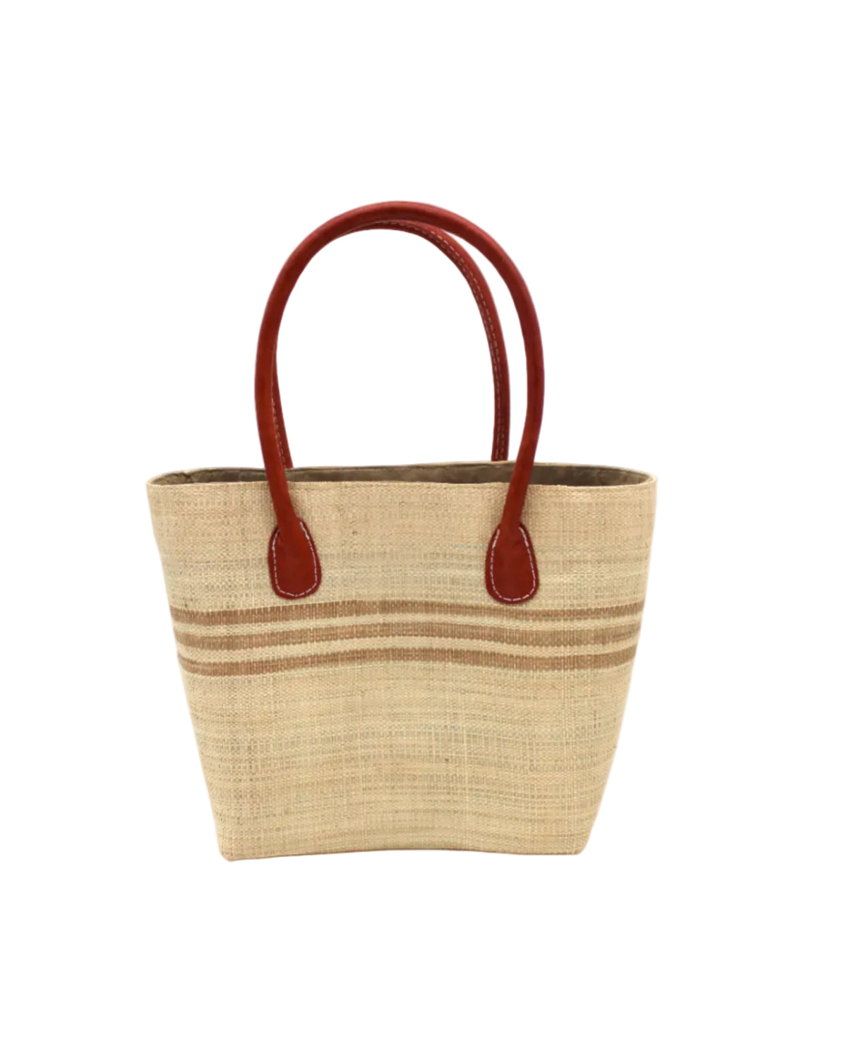 Raja Racing Stripe Straw Basket Bag handmade loomed natural raffia palm fiber in a two tone multicolor design of Natural straw color with three horizontal bands of Cappuccino tea/light/brown creating a racing stripe pattern placed under the base of the handles a third down the height of the bag - Shebobo