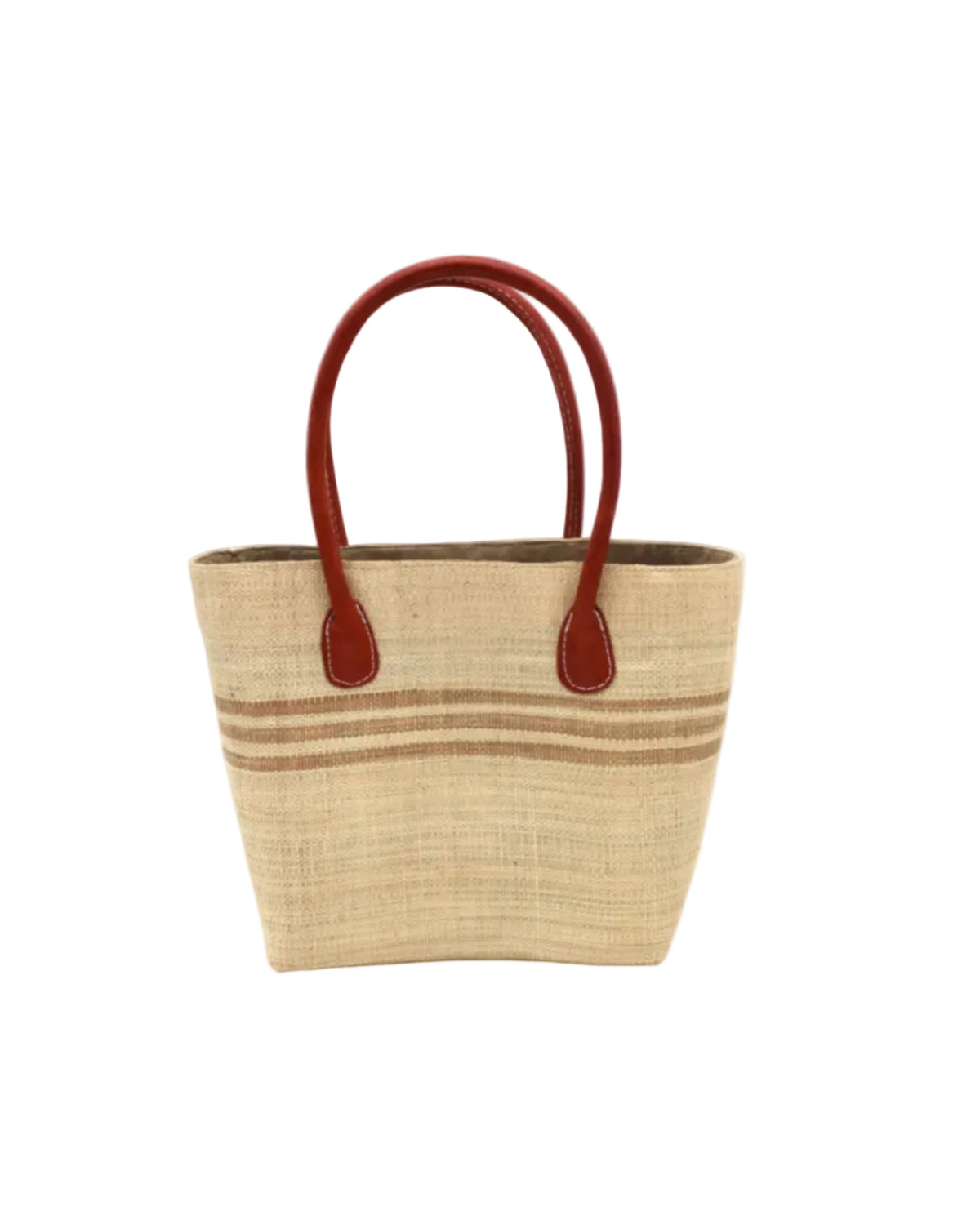 Raja Racing Stripe Straw Basket Bag handmade loomed natural raffia palm fiber in a two tone multicolor design of Natural straw color with three horizontal bands of Cappuccino tea/light/brown creating a racing stripe pattern placed under the base of the handles a third down the height of the bag - Shebobo