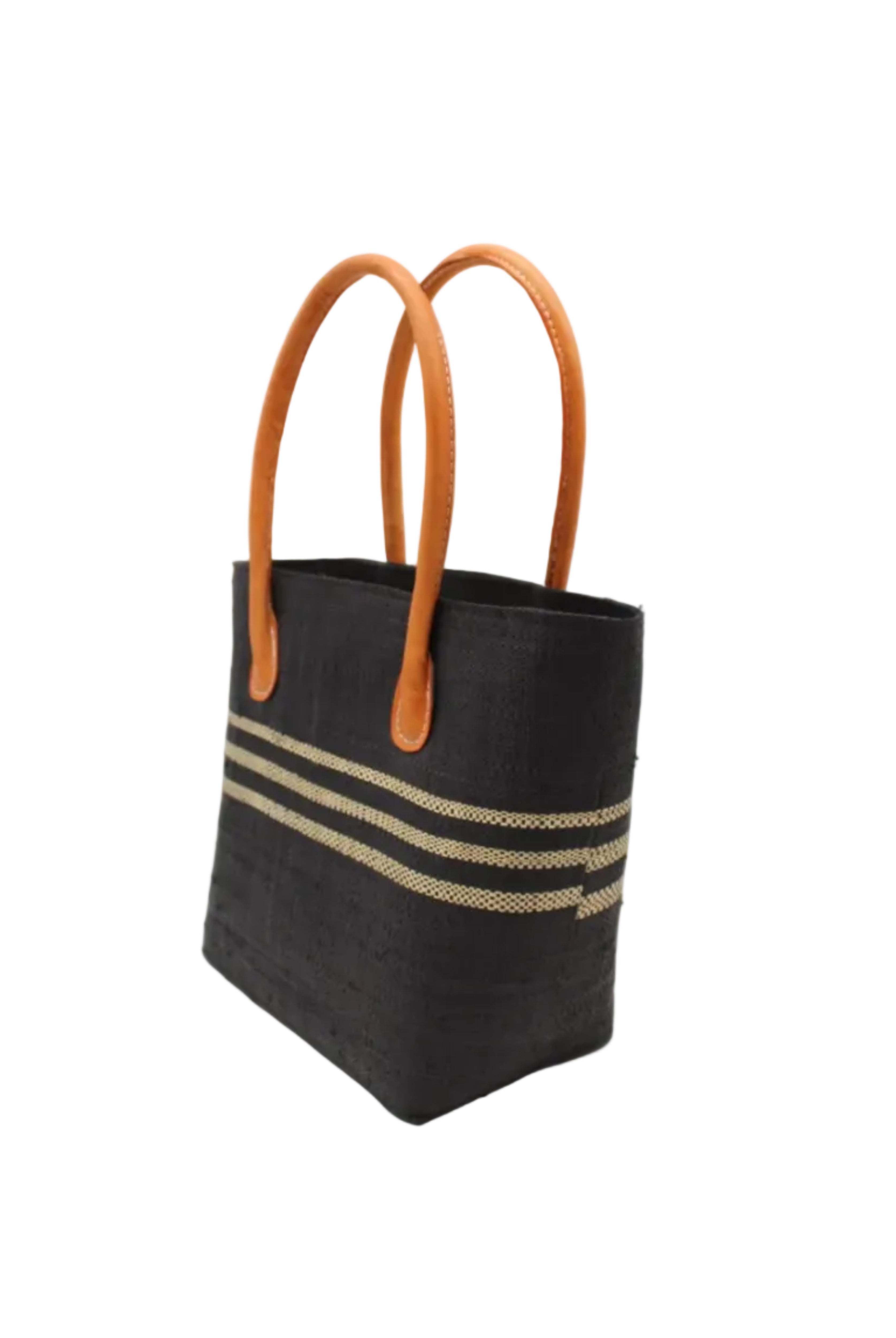 Side view Raja Racing Stripe Straw Basket Bag handmade loomed natural raffia palm fiber in a two tone multicolor design of Black color with three horizontal bands of Natural straw color creating a racing stripe pattern placed under the base of the handles a third down the height of the bag - Shebobo
