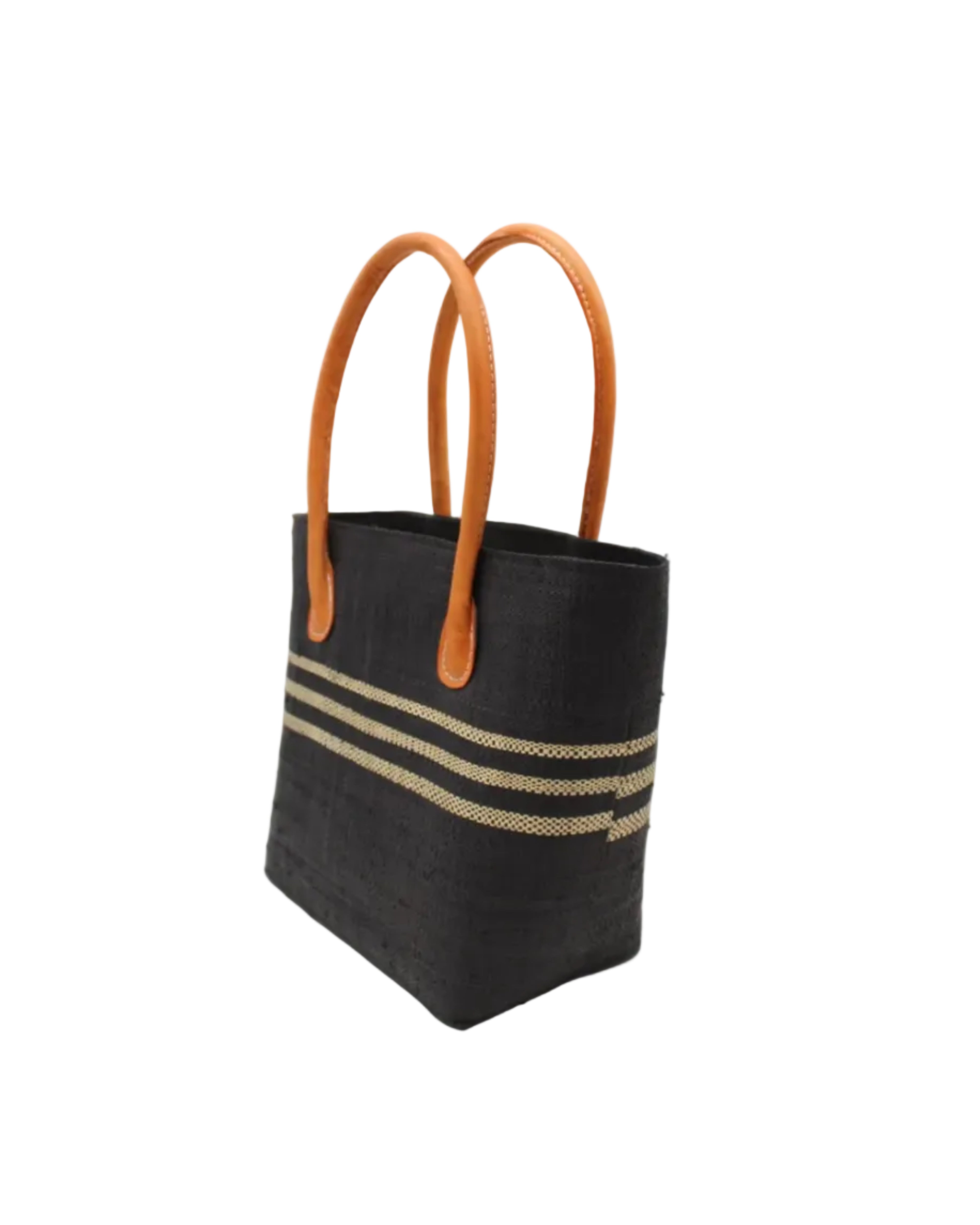 Side view Raja Racing Stripe Straw Basket Bag handmade loomed natural raffia palm fiber in a two tone multicolor design of Black color with three horizontal bands of Natural straw color creating a racing stripe pattern placed under the base of the handles a third down the height of the bag - Shebobo