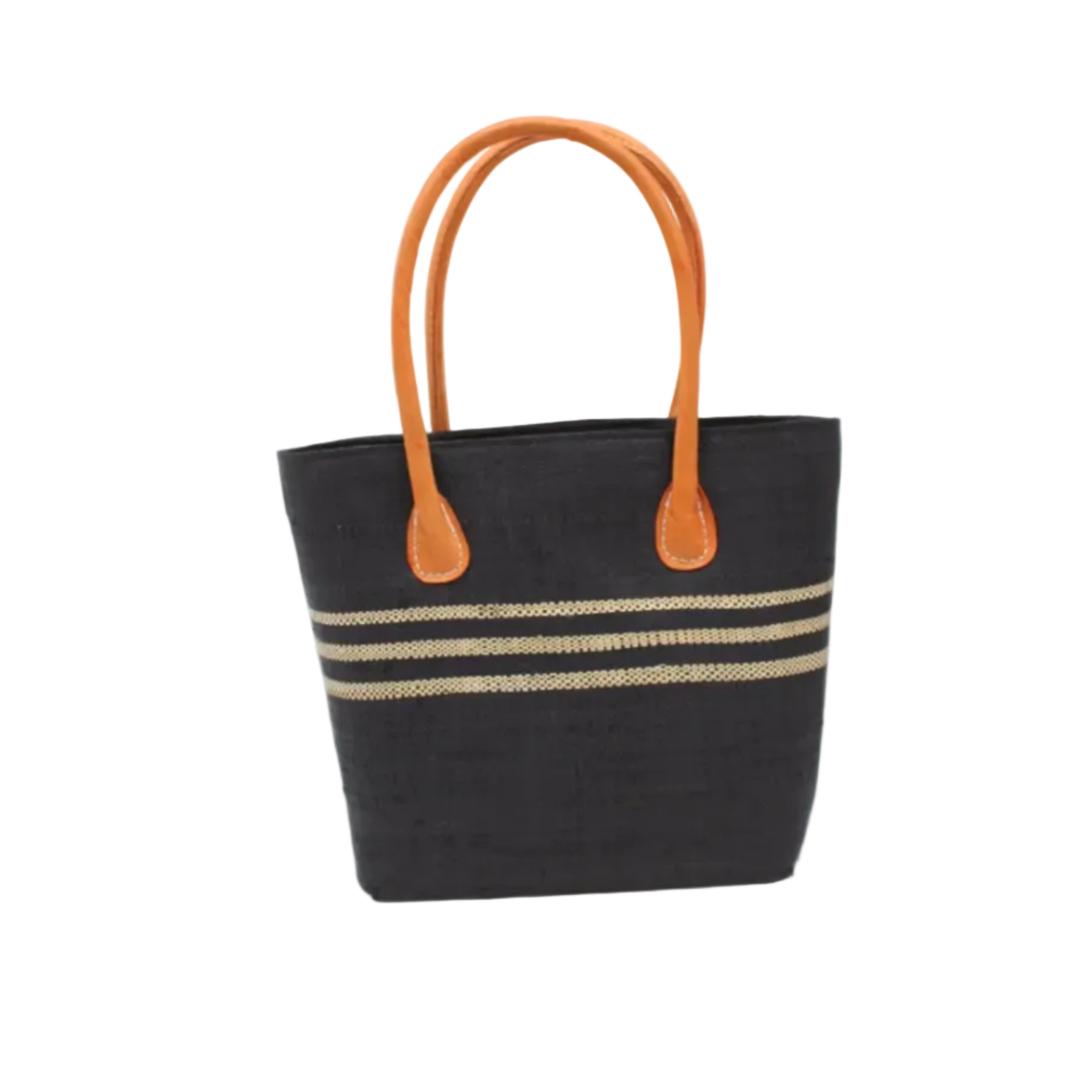 Raja Racing Stripe Straw Basket Bag handmade loomed natural raffia palm fiber in a two tone multicolor design of Black color with three horizontal bands of Natural straw color creating a racing stripe pattern placed under the base of the handles a third down the height of the bag - Shebobo