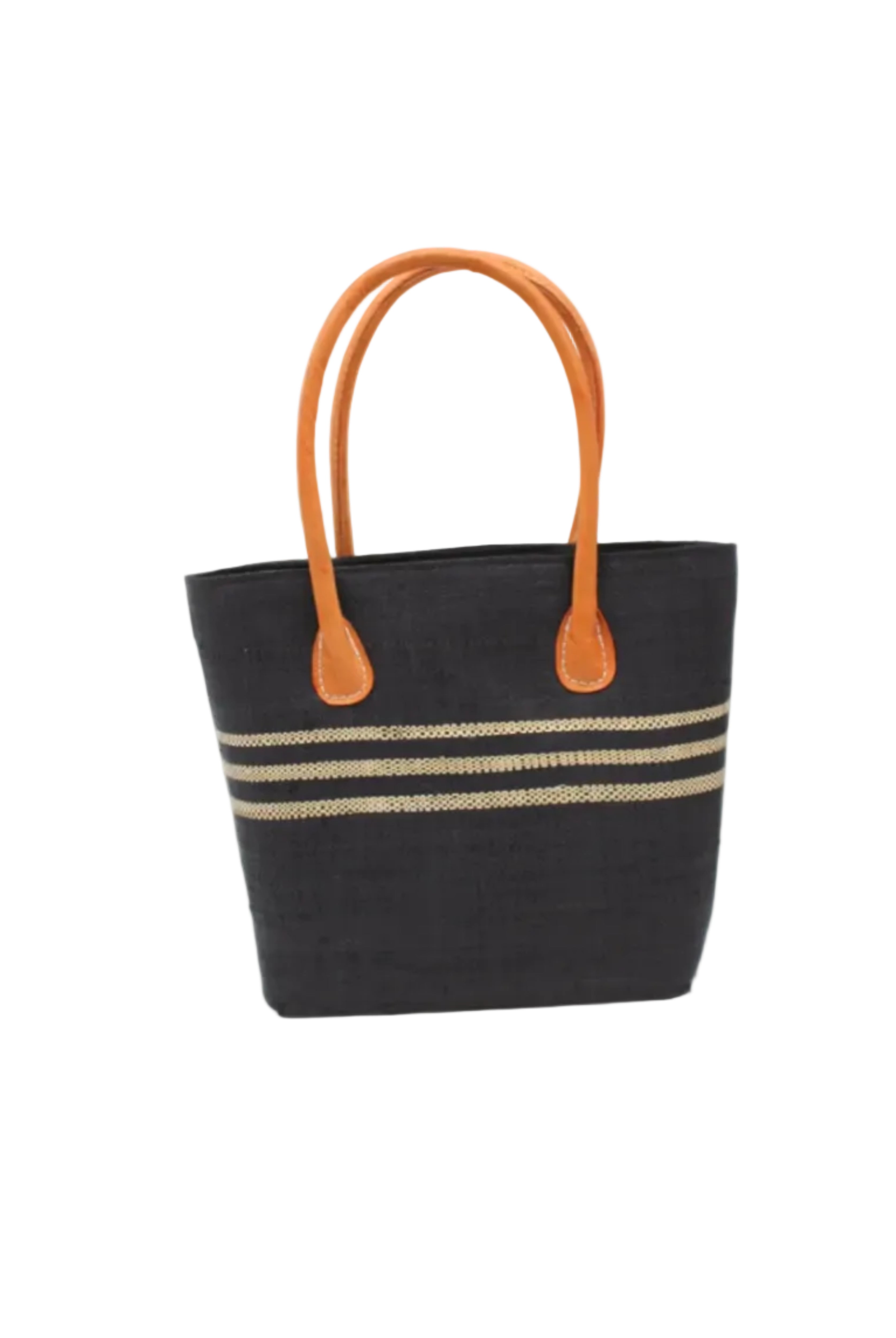 Raja Racing Stripe Straw Basket Bag handmade loomed natural raffia palm fiber in a two tone multicolor design of Black color with three horizontal bands of Natural straw color creating a racing stripe pattern placed under the base of the handles a third down the height of the bag - Shebobo