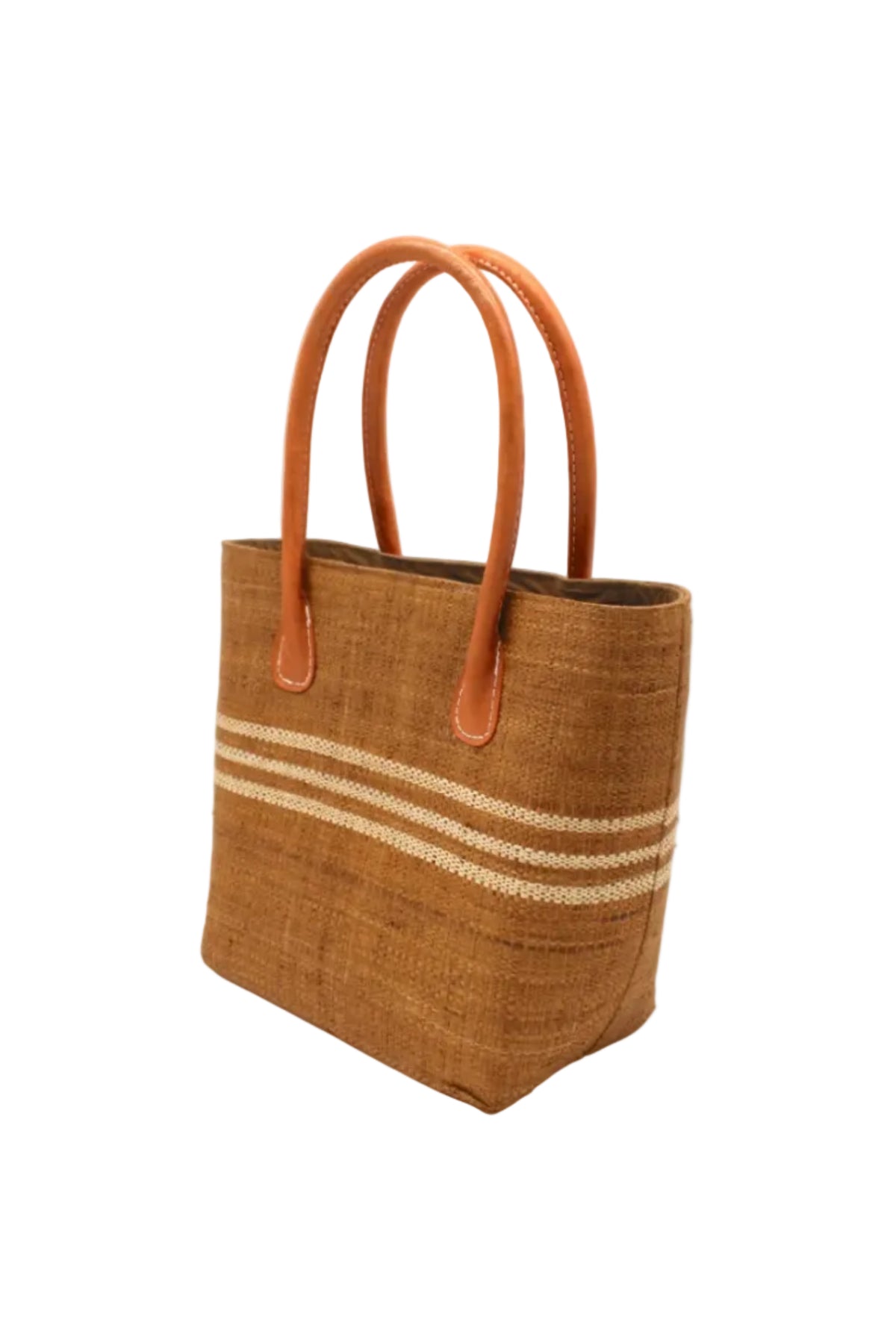 Side view Raja Racing Stripe Straw Basket Bag handmade loomed natural raffia palm fiber in a two tone multicolor design of Tobacco cinnamon/dark/brown color with three horizontal bands of Natural straw color creating a racing stripe pattern placed under the base of the handles a third down the height of the bag - Shebobo