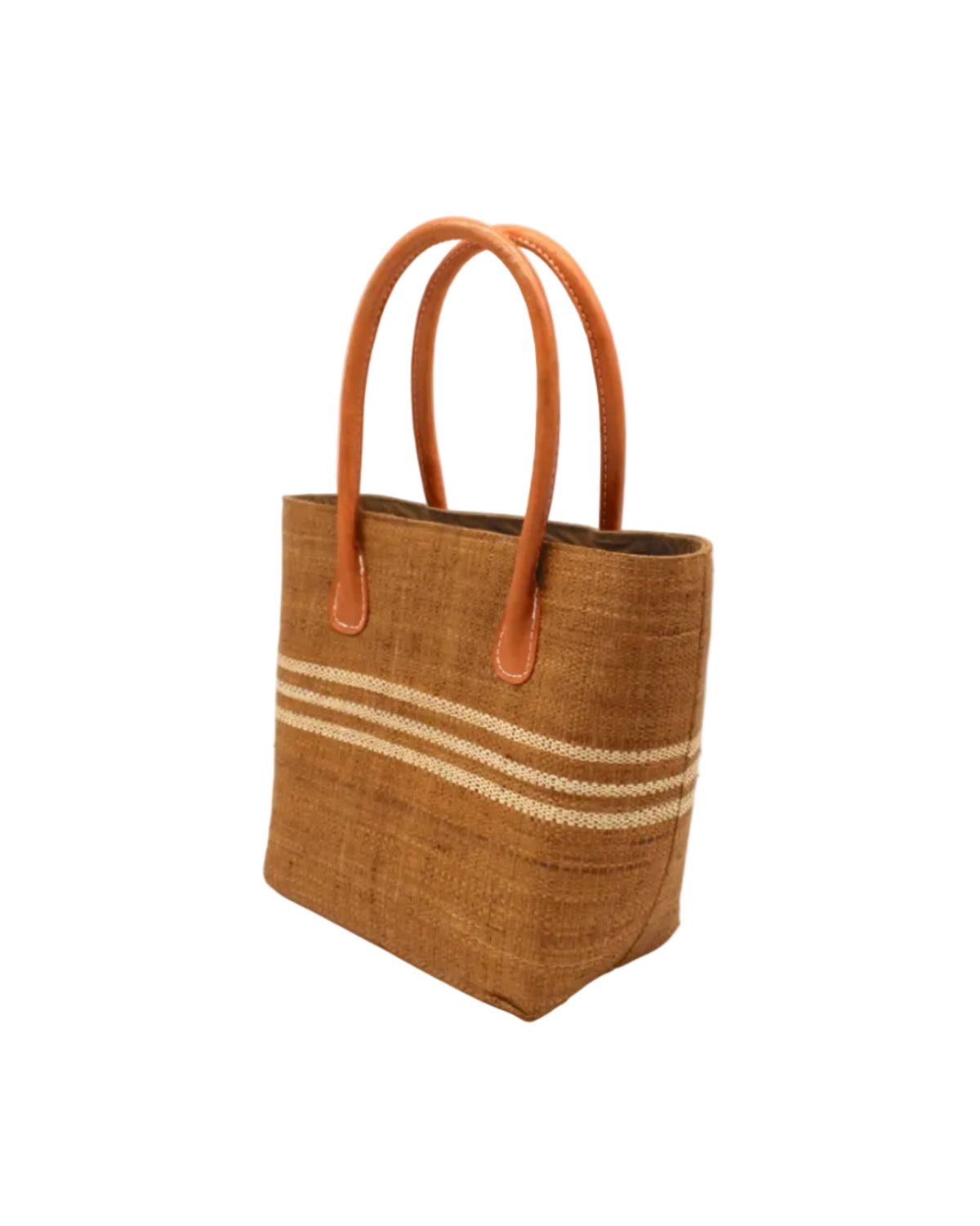 Side view Raja Racing Stripe Straw Basket Bag handmade loomed natural raffia palm fiber in a two tone multicolor design of Tobacco cinnamon/dark/brown color with three horizontal bands of Natural straw color creating a racing stripe pattern placed under the base of the handles a third down the height of the bag - Shebobo