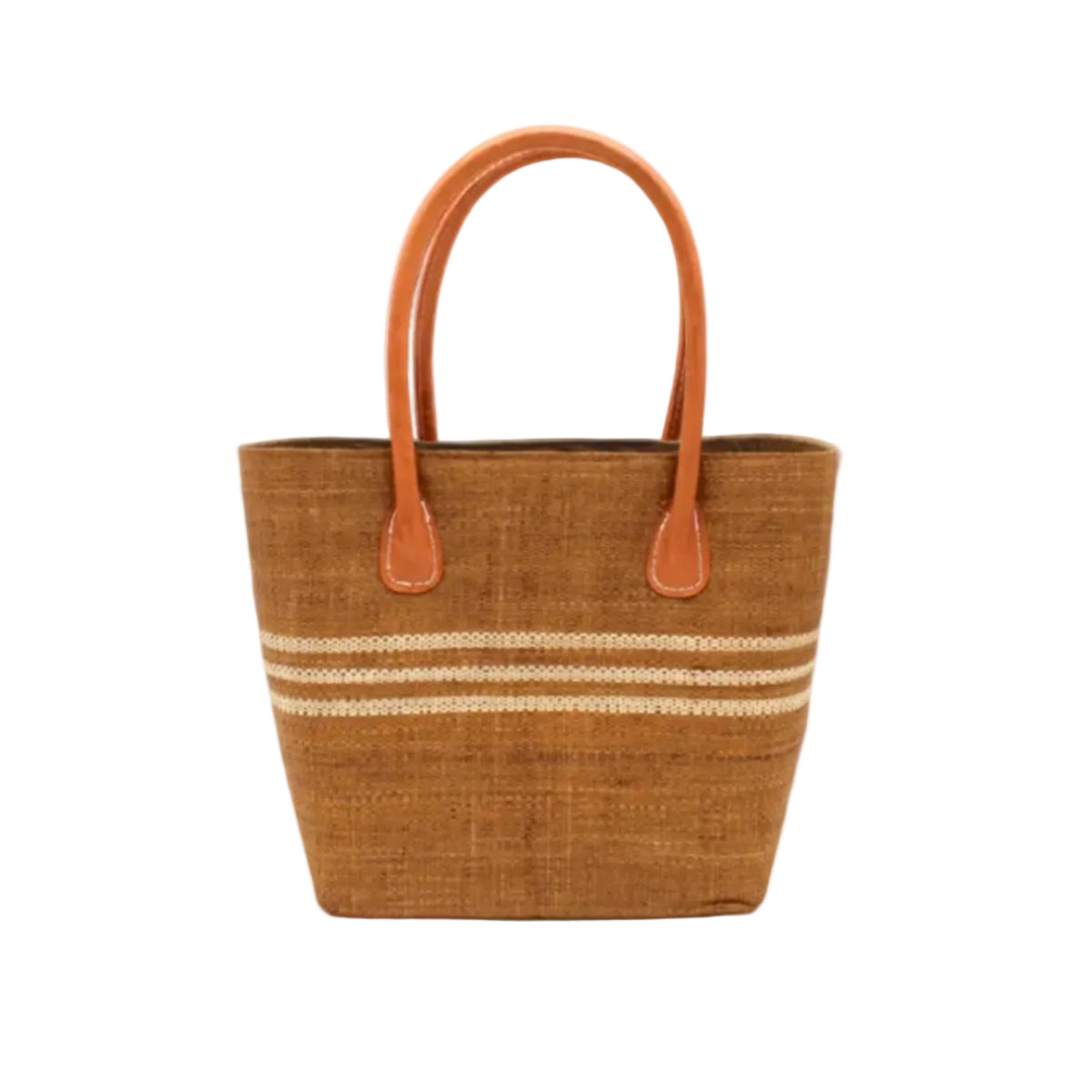 Raja Racing Stripe Straw Basket Bag handmade loomed natural raffia palm fiber in a two tone multicolor design of Tobacco cinnamon/dark/brown color with three horizontal bands of Natural straw color creating a racing stripe pattern placed under the base of the handles a third down the height of the bag - Shebobo