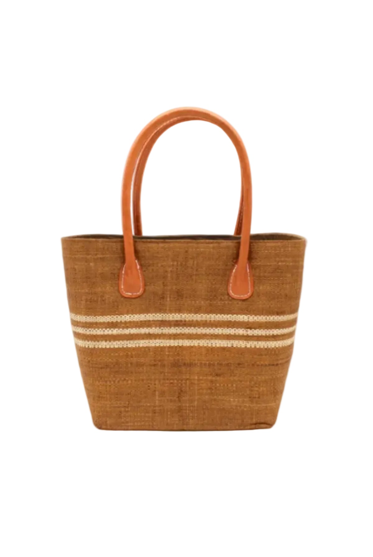 Raja Racing Stripe Straw Basket Bag handmade loomed natural raffia palm fiber in a two tone multicolor design of Tobacco cinnamon/dark/brown color with three horizontal bands of Natural straw color creating a racing stripe pattern placed under the base of the handles a third down the height of the bag - Shebobo
