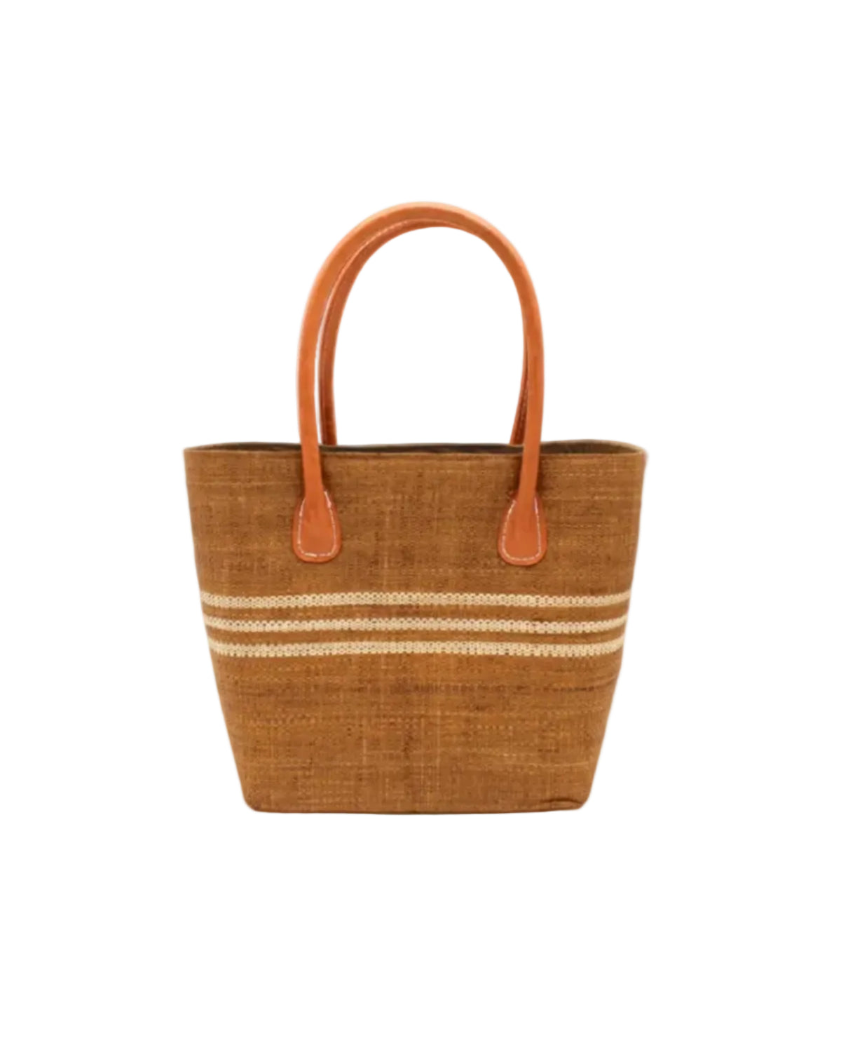 Raja Racing Stripe Straw Basket Bag handmade loomed natural raffia palm fiber in a two tone multicolor design of Tobacco cinnamon/dark/brown color with three horizontal bands of Natural straw color creating a racing stripe pattern placed under the base of the handles a third down the height of the bag - Shebobo