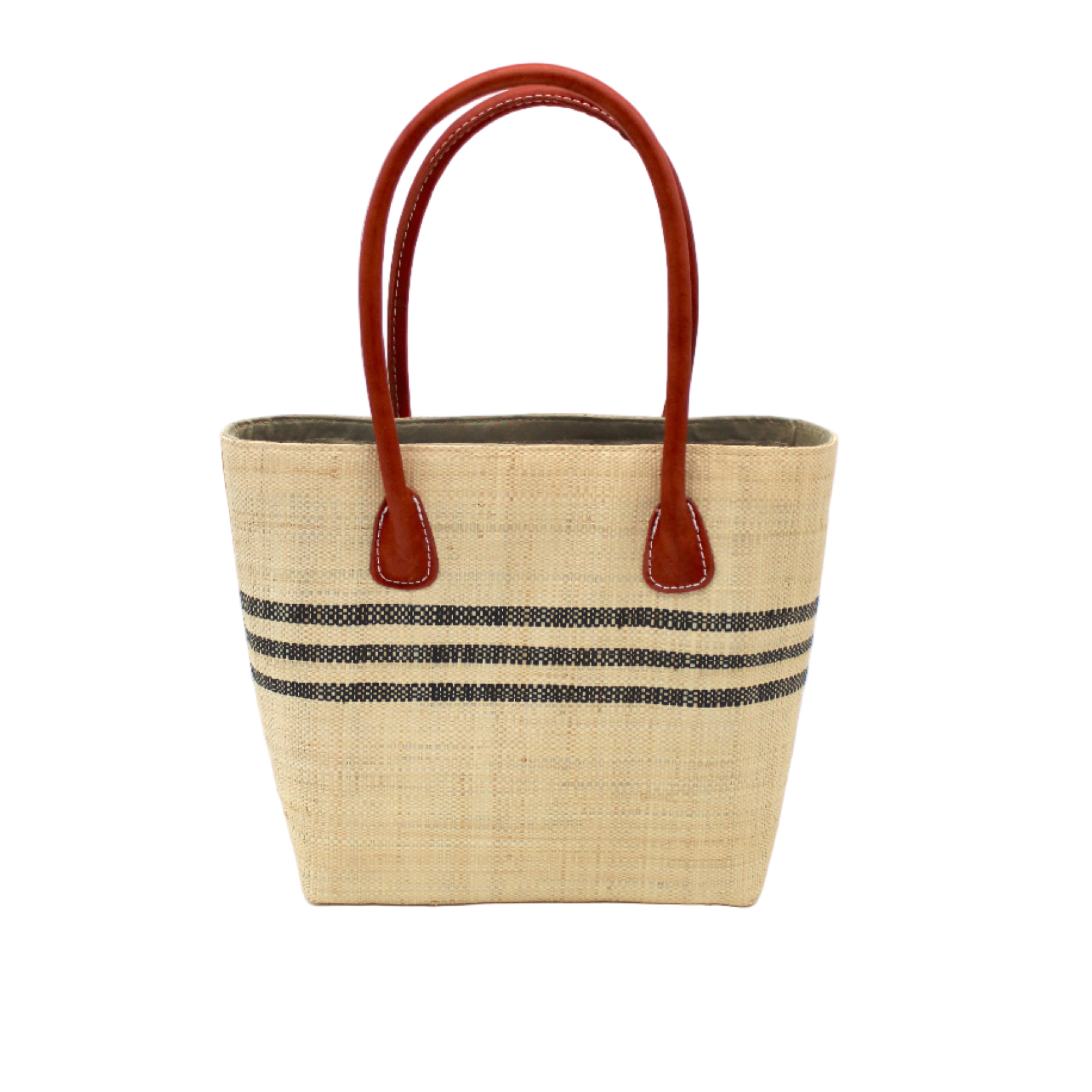 Raja Racing Stripe Straw Basket Bag handmade loomed natural raffia palm fiber in a two tone multicolor design of Natural straw color with three horizontal bands of Black creating a racing stripe pattern placed under the base of the handles a third down the height of the bag - Shebobo