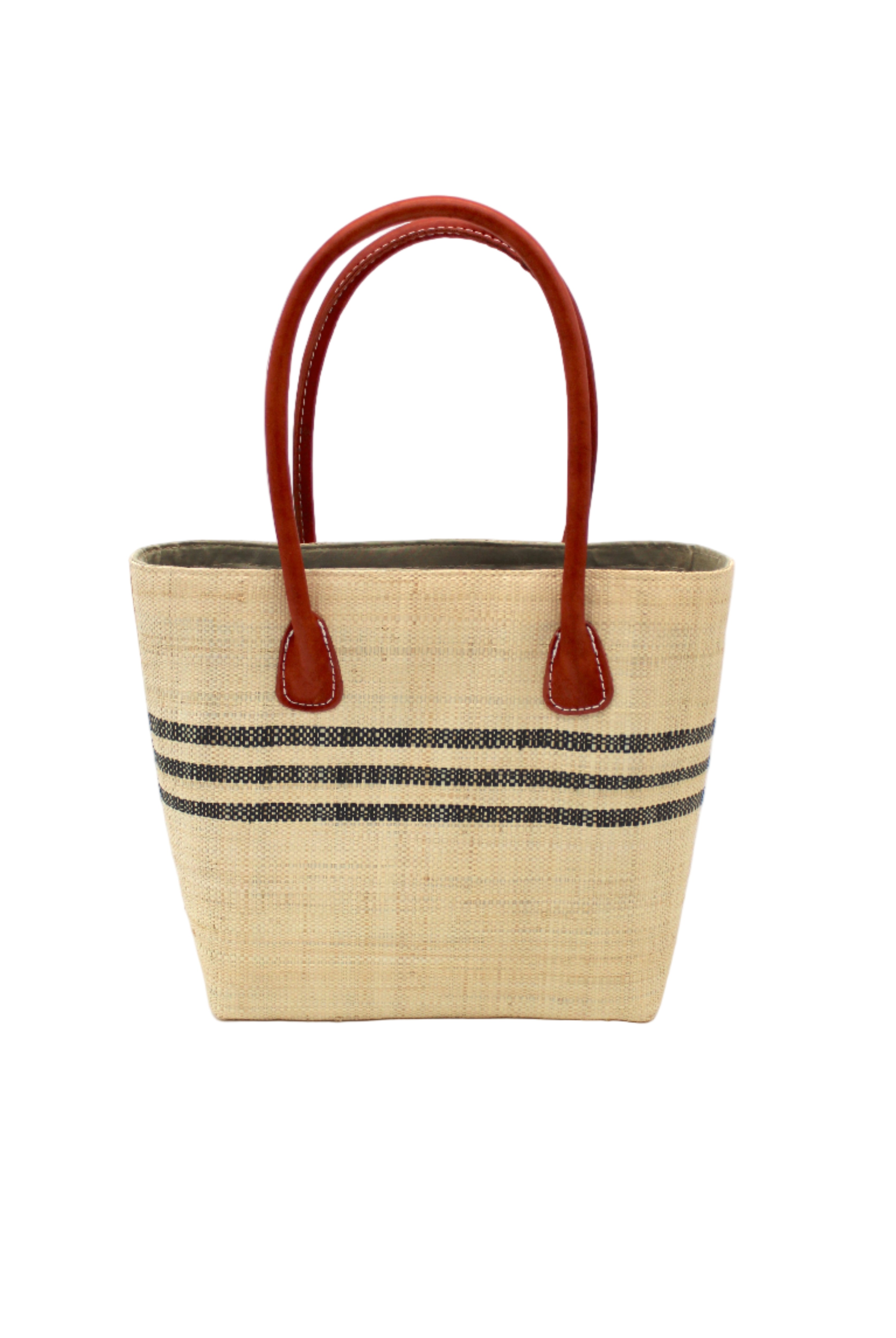 Raja Racing Stripe Straw Basket Bag handmade loomed natural raffia palm fiber in a two tone multicolor design of Natural straw color with three horizontal bands of Black creating a racing stripe pattern placed under the base of the handles a third down the height of the bag - Shebobo