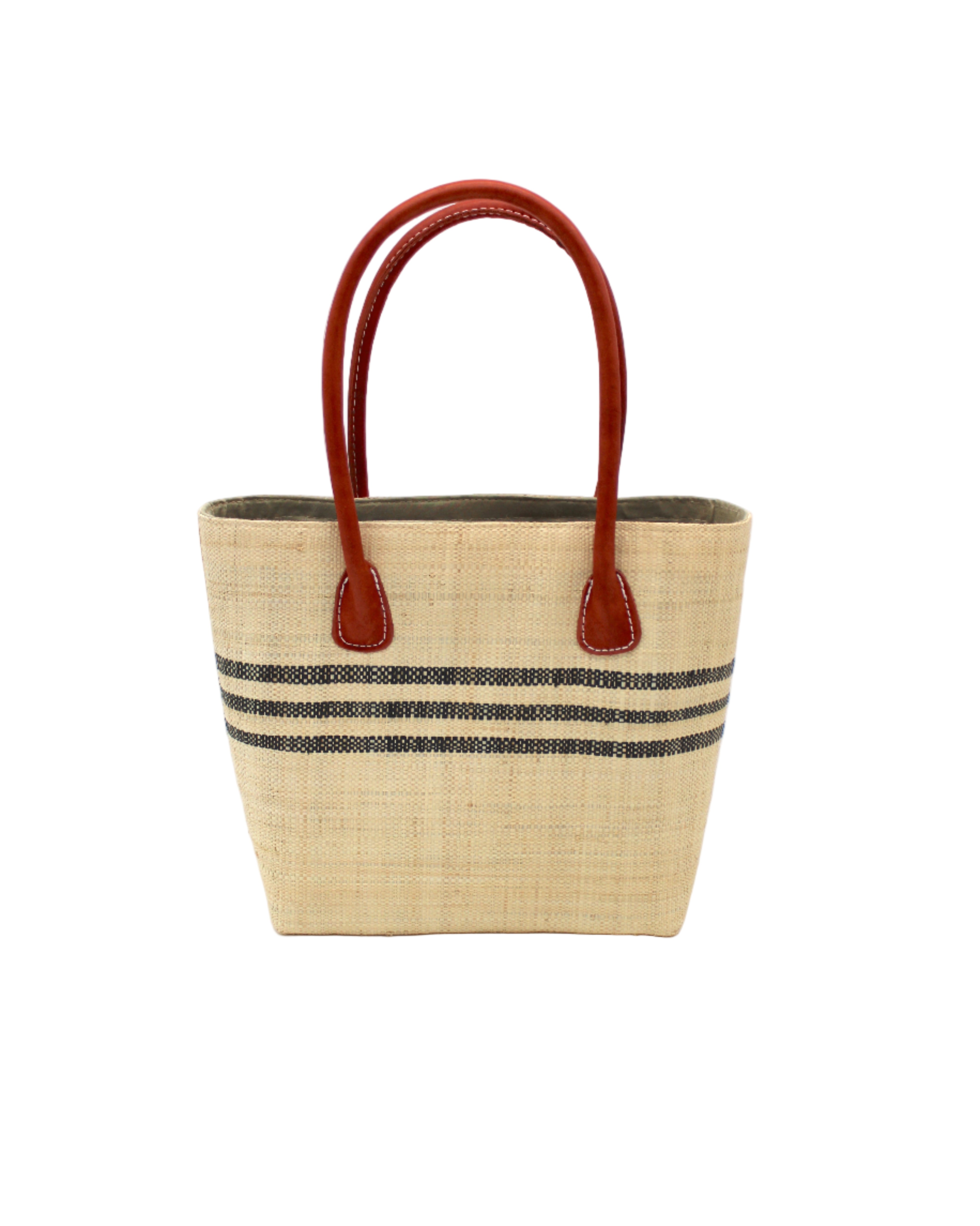 Raja Racing Stripe Straw Basket Bag handmade loomed natural raffia palm fiber in a two tone multicolor design of Natural straw color with three horizontal bands of Black creating a racing stripe pattern placed under the base of the handles a third down the height of the bag - Shebobo