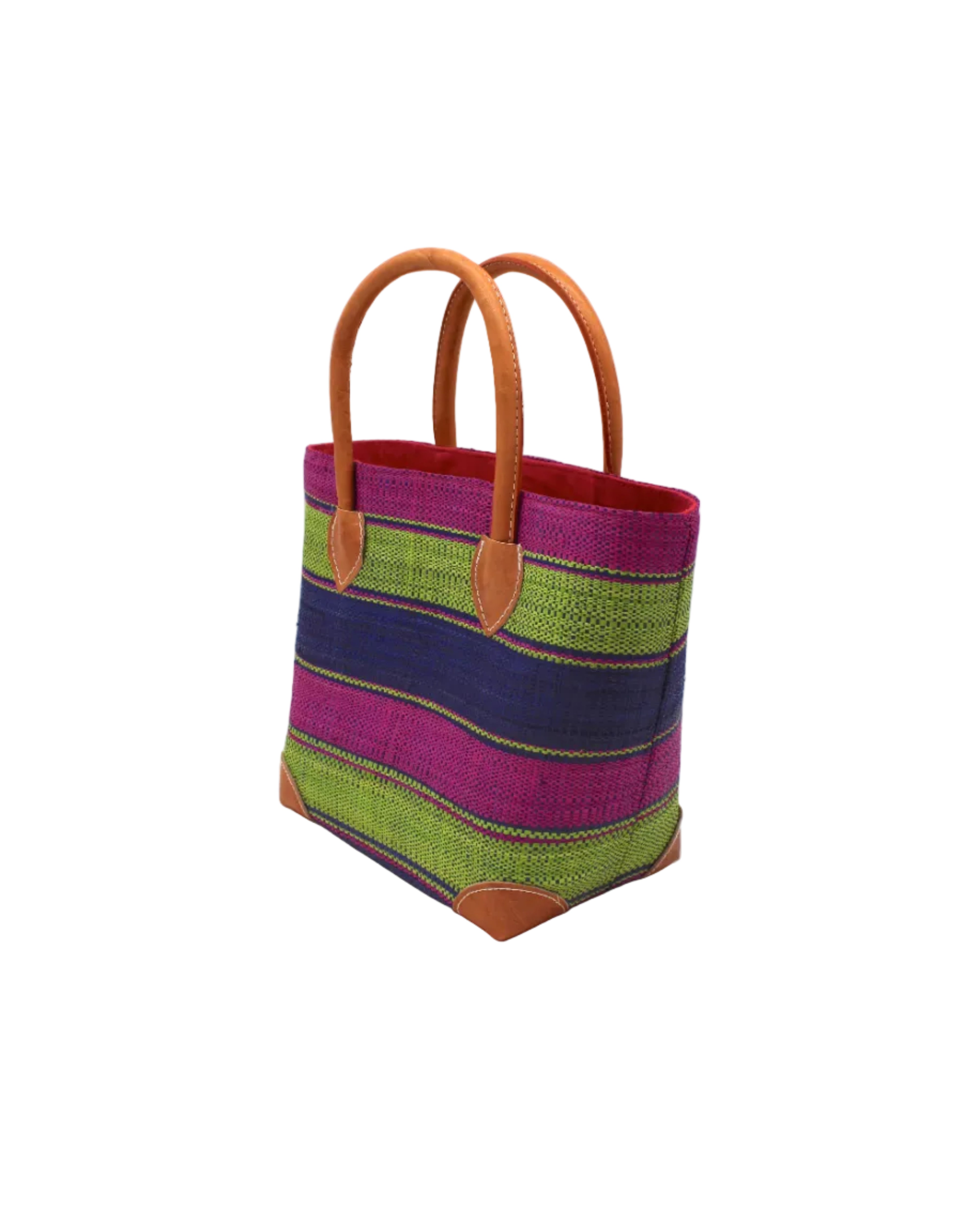 Side view Rayo Stripes Straw Basket Bag Blueberry Swirl handmade loomed natural raffia palm fiber in a multicolor multi width horizontal stripe pattern of fuchsia hot/bright/barbie/pink, dusk navy/dark/blue, midori lime/neon/green with leather handles and accents tote beach bag - Shebobo