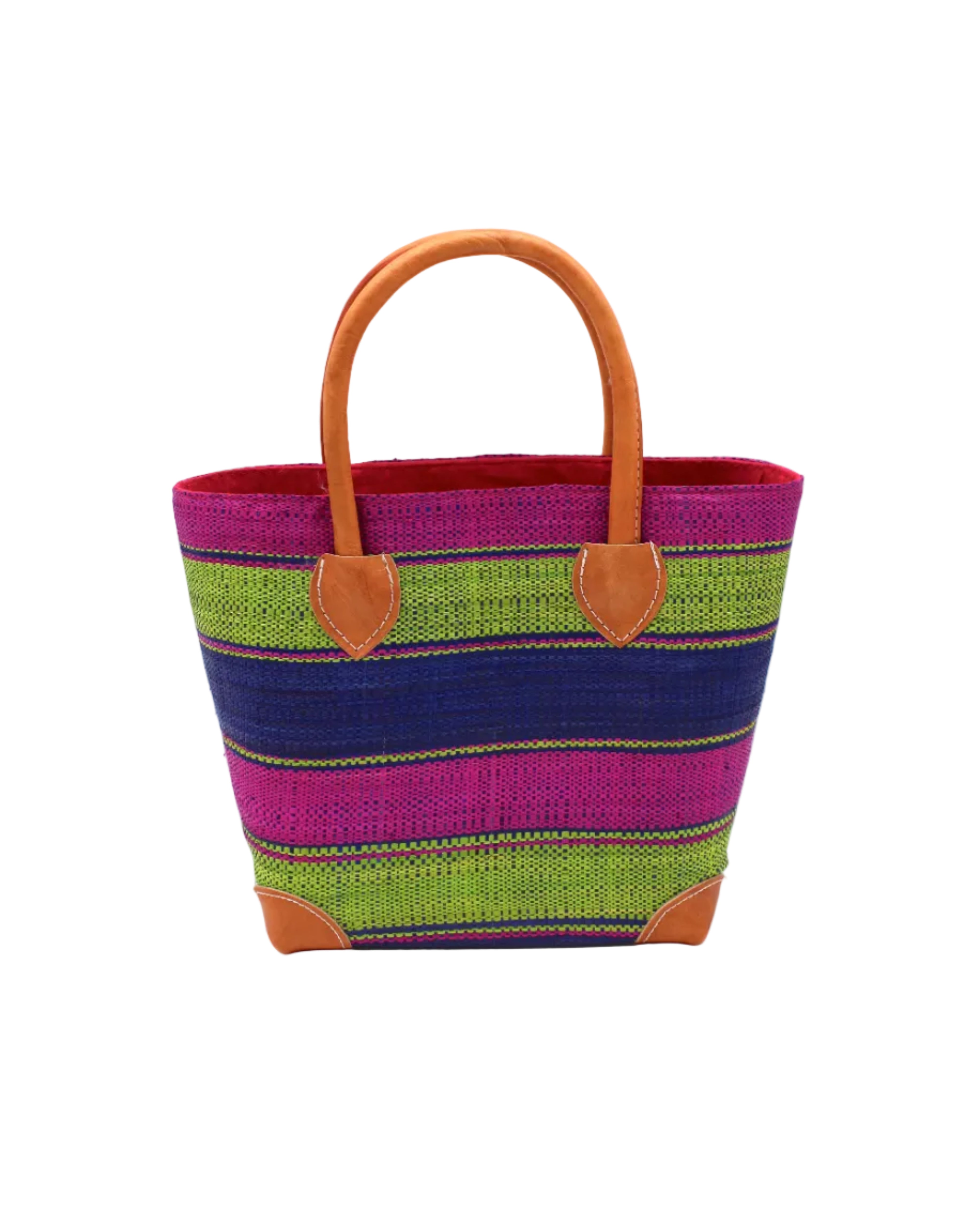 Rayo Stripes Straw Basket Bag Blueberry Swirl handmade loomed natural raffia palm fiber in a multicolor multi width horizontal stripe pattern of fuchsia hot/bright/barbie/pink, dusk navy/dark/blue, midori lime/neon/green with leather handles and accents tote beach bag - Shebobo