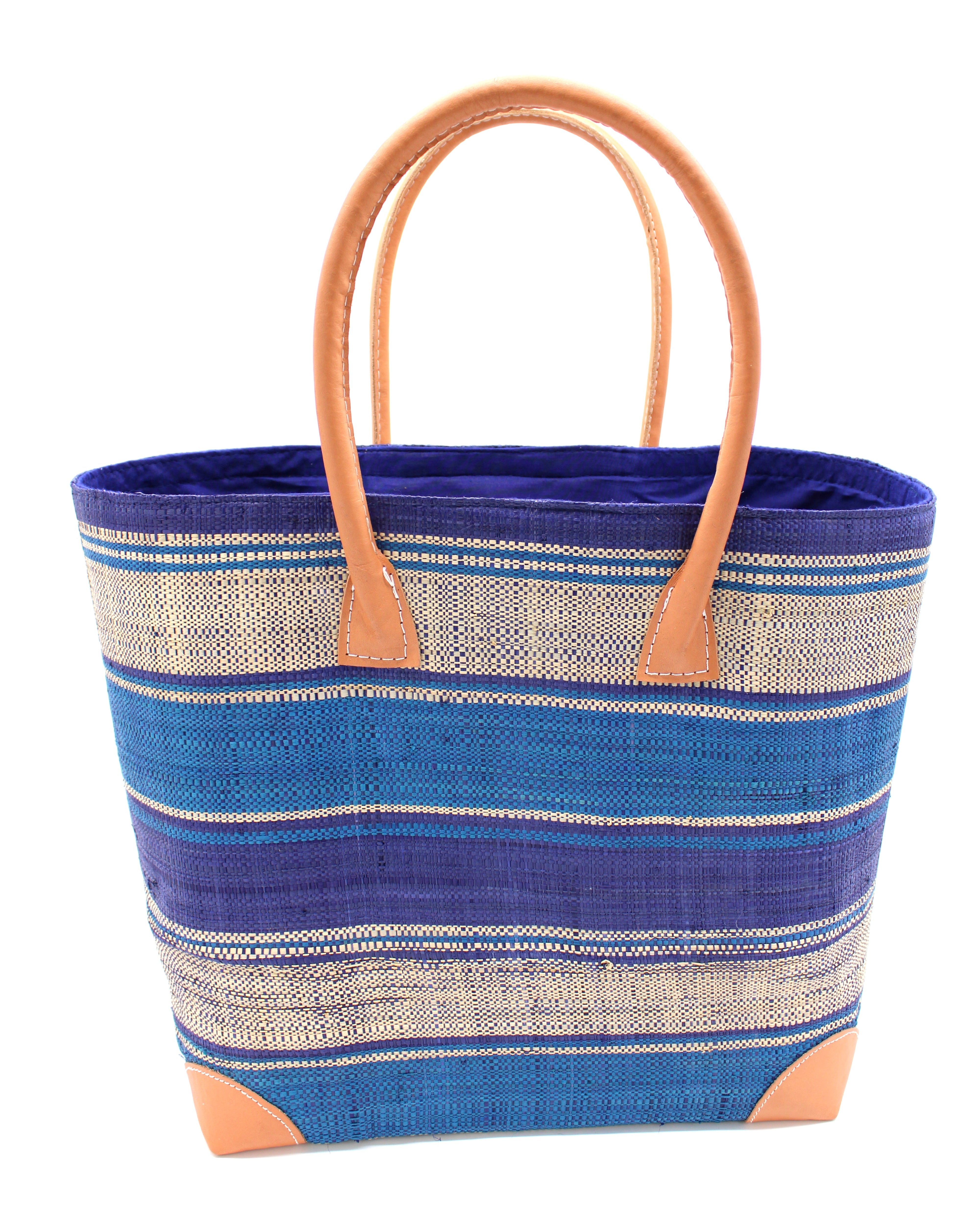 Rayo Stripes Straw Basket Bag Blue Swirl Multicolor navy blue, turquoise blue and natural straw color multiple width horizontal stripe pattern handmade loomed natural raffia palm fiber tote beach bag - Shebobo