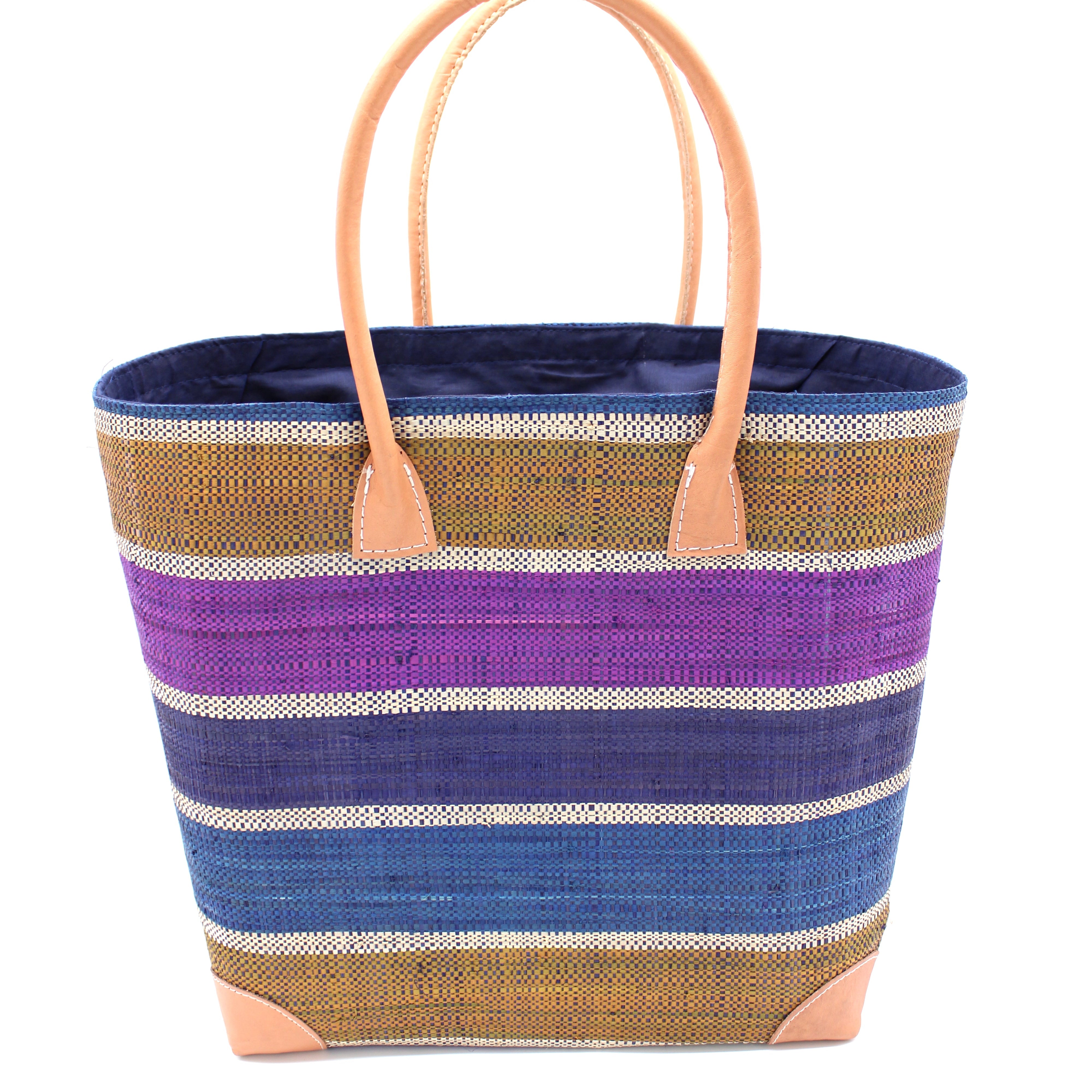 Rayo Stripes Straw Basket Bag Olive Purple Multicolor navy blue, turquoise blue, olive green, purple, and natural straw color multiple width horizontal stripe pattern handmade loomed natural raffia palm fiber tote beach bag - Shebobo