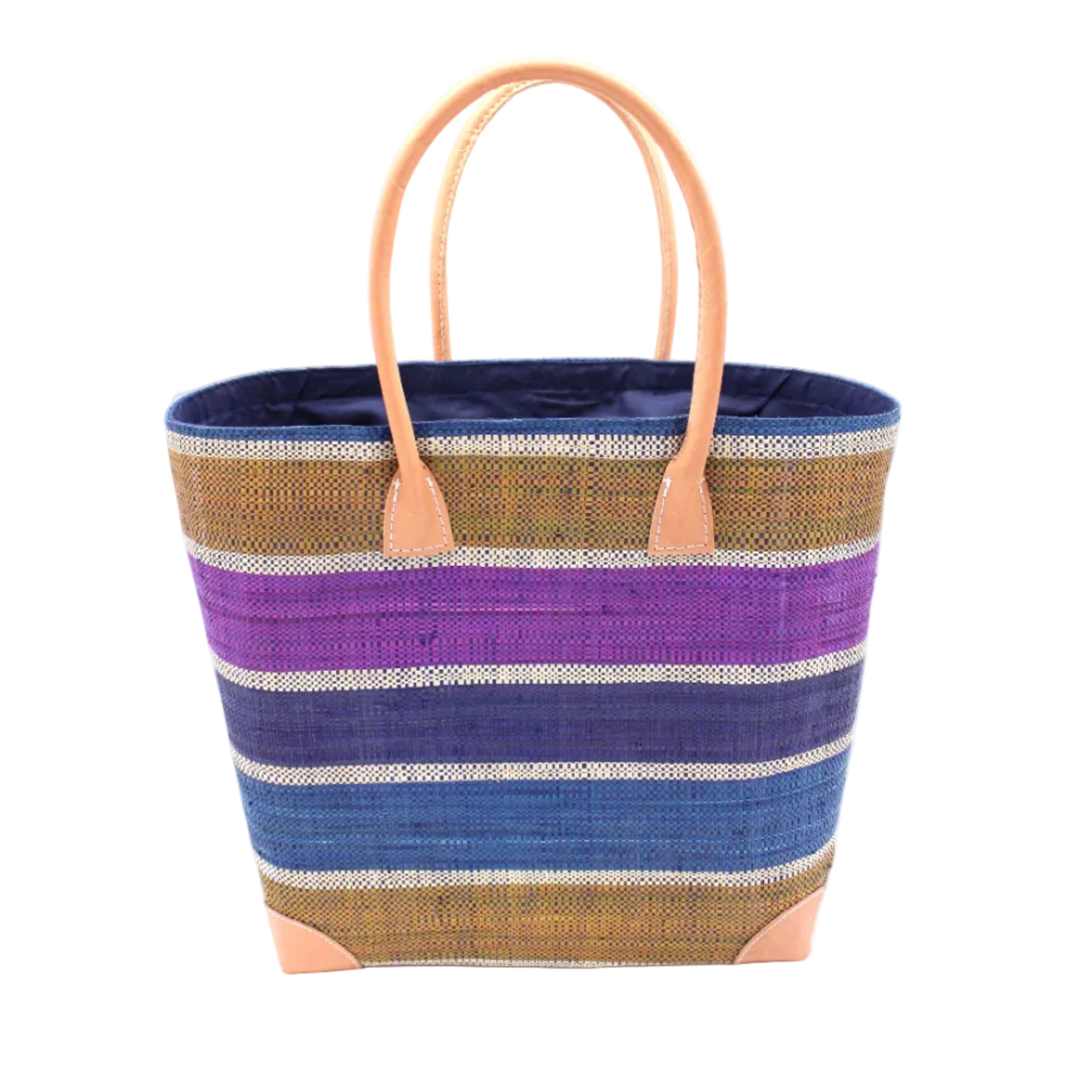 Rayo Stripes Straw Basket Bag Olive Purple Swirl handmade loomed natural raffia palm fiber in a multicolor multi width horizontal stripe pattern of navy blue, turquoise blue, olive green, purple, and natural straw color with leather handles and accents tote beach bag - Shebobo