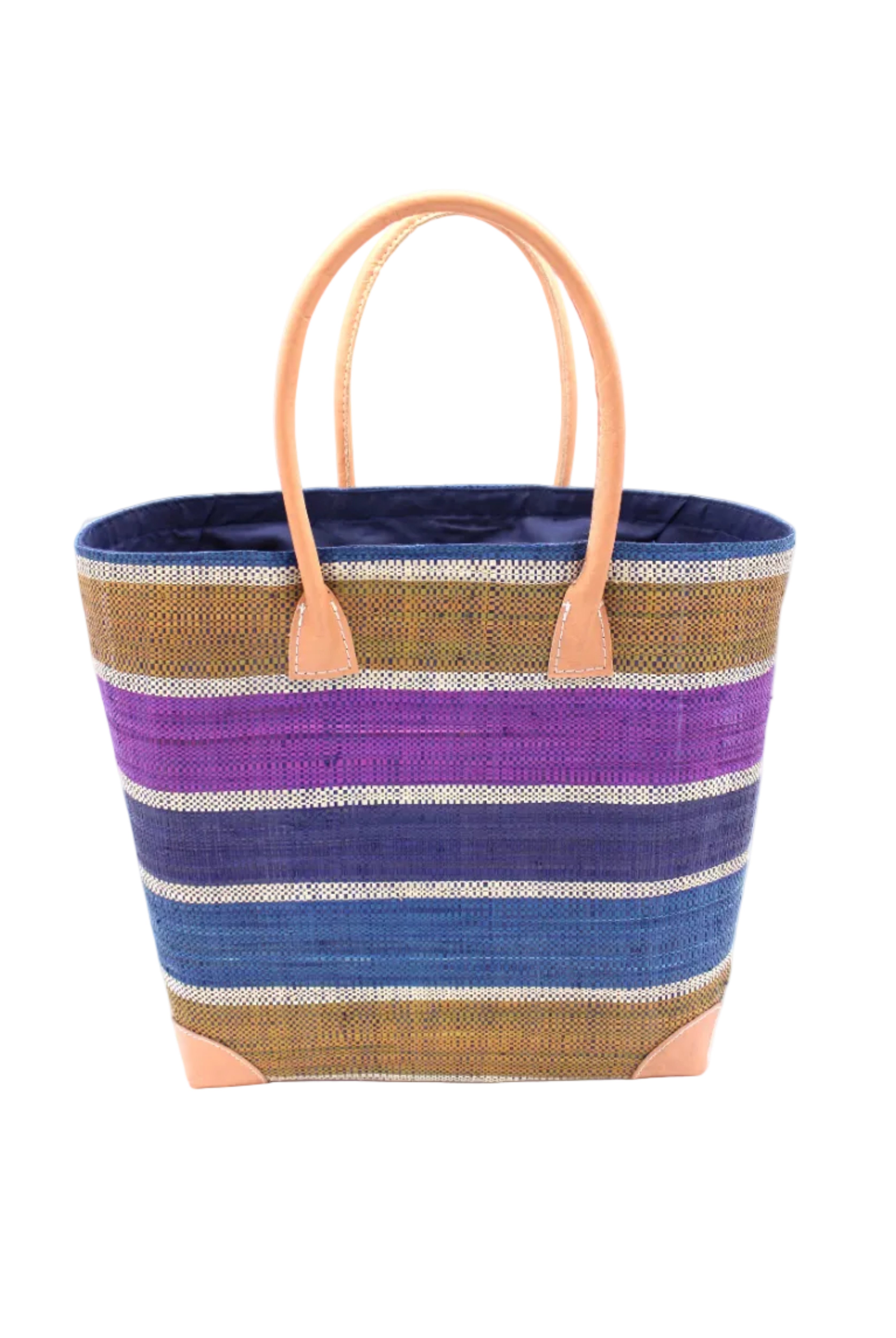 Rayo Stripes Straw Basket Bag Olive Purple Swirl handmade loomed natural raffia palm fiber in a multicolor multi width horizontal stripe pattern of navy blue, turquoise blue, olive green, purple, and natural straw color with leather handles and accents tote beach bag - Shebobo